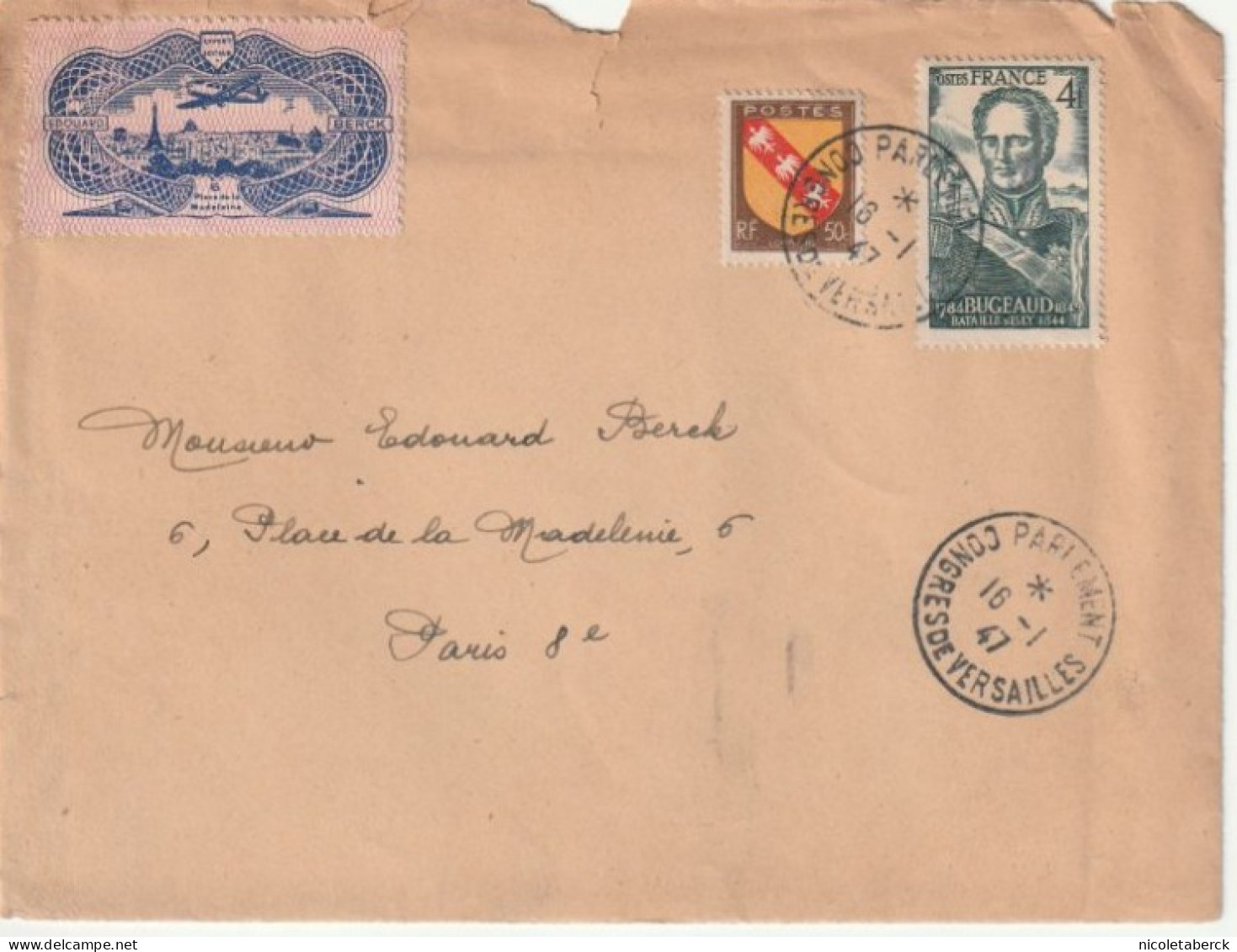 N°662 Sur Lettre Obl: Congrès De Versailles Parlement 16/1/47. Collection BERCK. - Covers & Documents