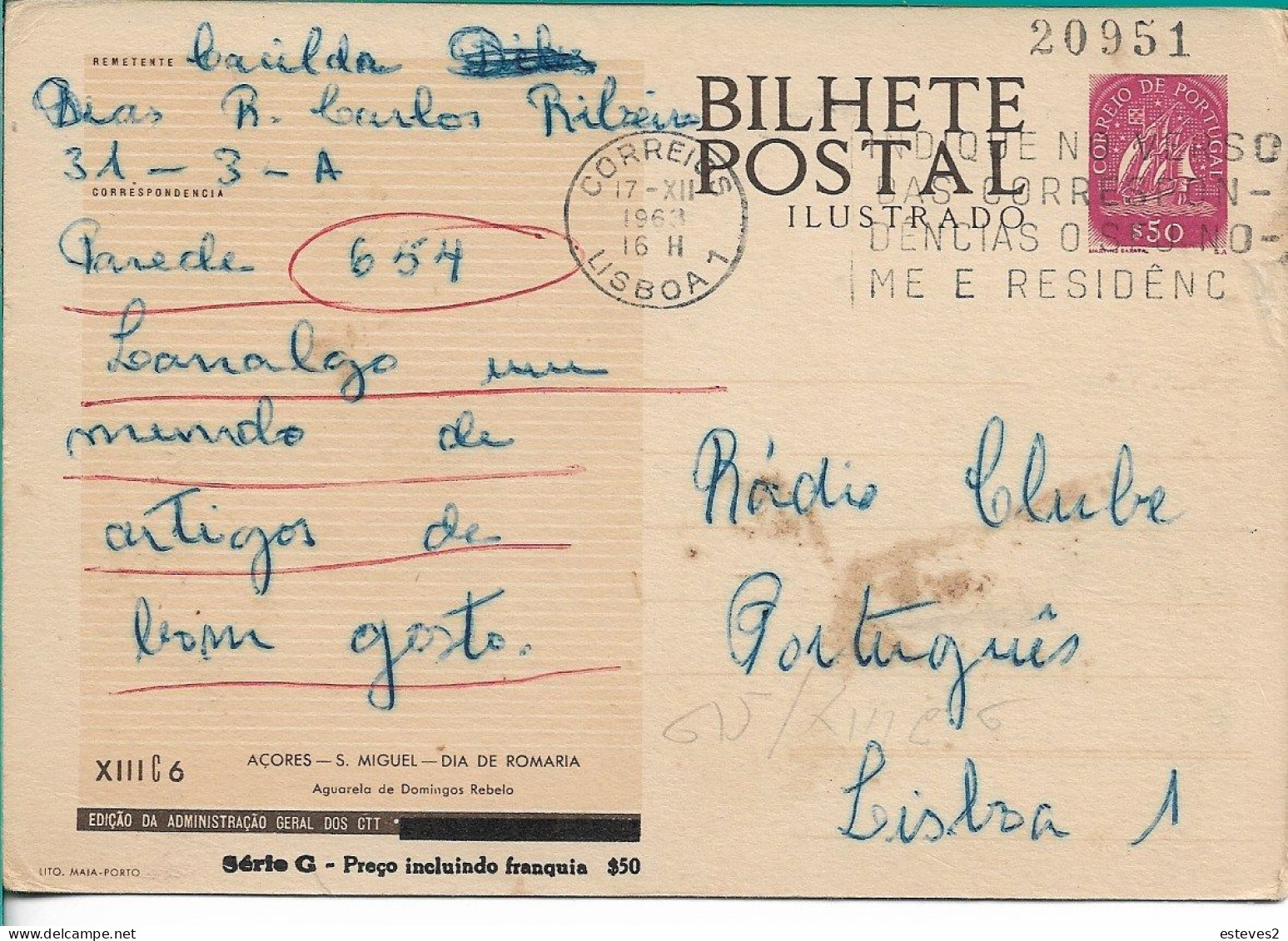 Portugal Postal Stationery , Watercolor By Domingos Rebelo , Day Of Pilgrimage Azores , Slogan Postmark - Postwaardestukken