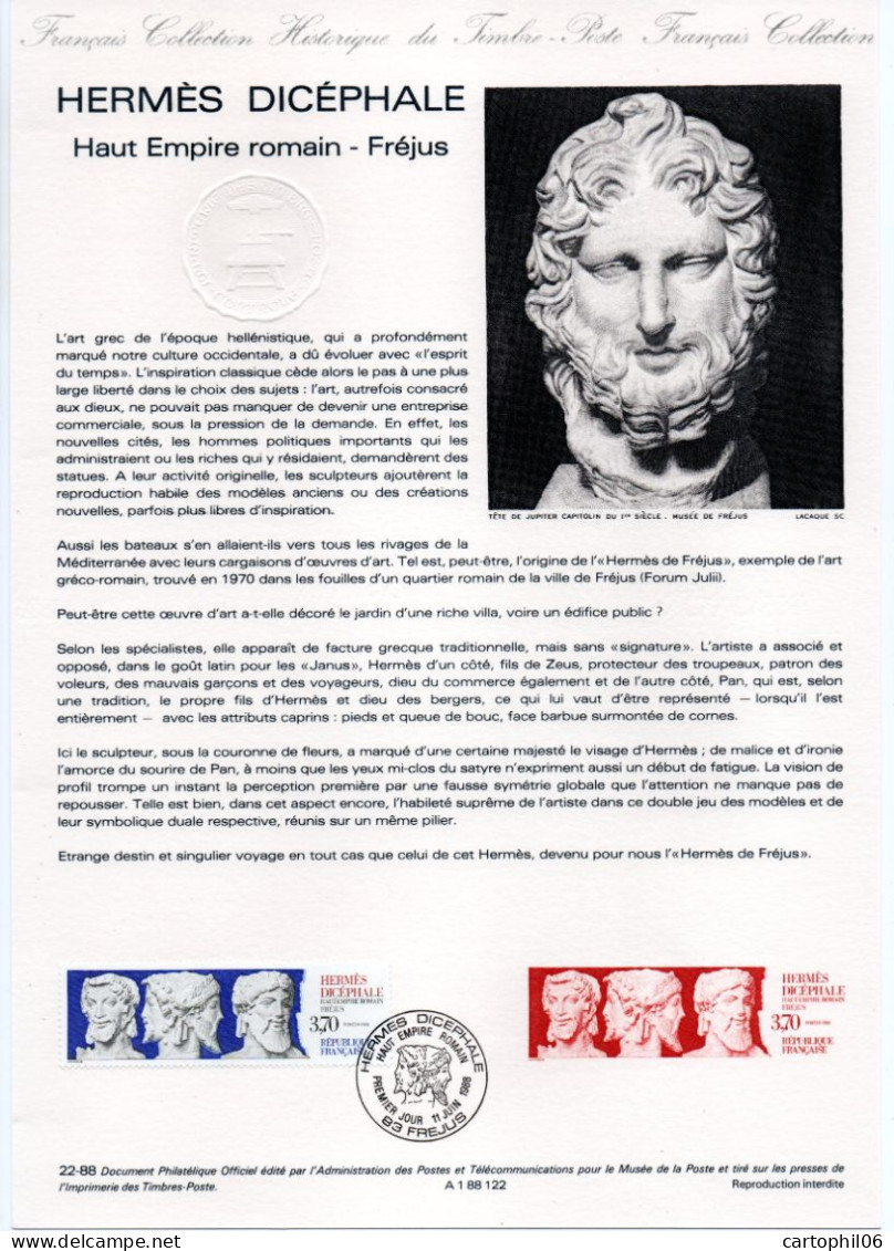 - Document Premier Jour HERMÈS DICÉPHALE - Haut Empire Romain - FRÉJUS 11.6.1988 - - Scultura