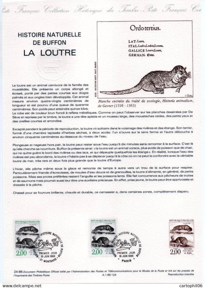 - Document Premier Jour L'HISTOIRE NATURELLE DE BUFFON : LA LOUTRE - PARIS / MONTBARD 18.6.1988 - - Other & Unclassified