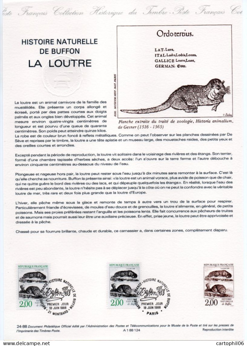 - Document Premier Jour L'HISTOIRE NATURELLE DE BUFFON : LA LOUTRE - PARIS / MONTBARD 18.6.1988 - - Autres & Non Classés