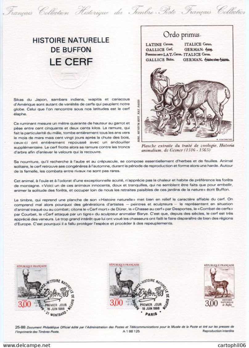 - Document Premier Jour L'HISTOIRE NATURELLE DE BUFFON : LE CERF - PARIS / MONTBARD 18.6.1988 - - Other & Unclassified