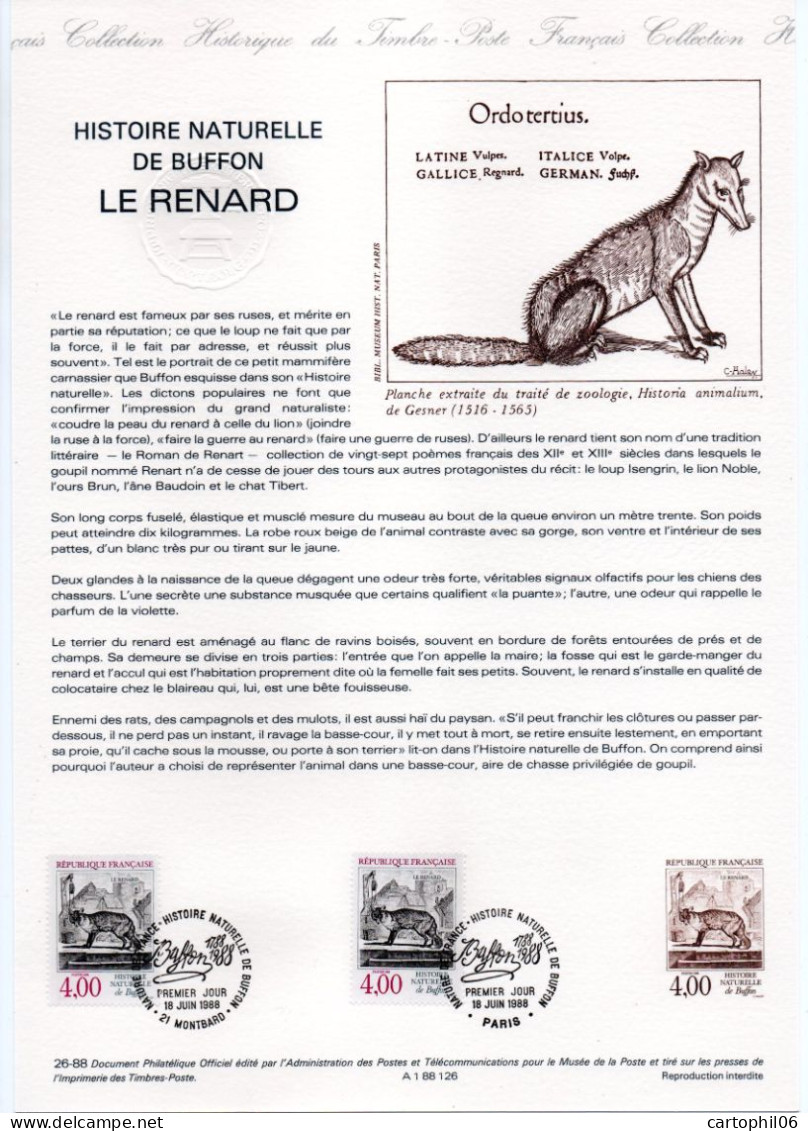 - Document Premier Jour L' HISTOIRE NATURELLE DE BUFFON : LE RENARD - PARIS / MONTBARD 18.6.1988 - - Autres & Non Classés