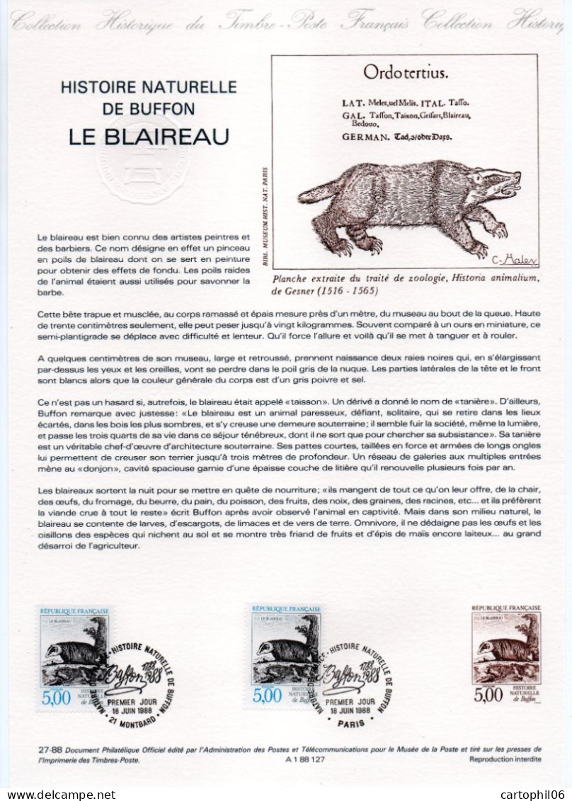 - Document Premier Jour L'HISTOIRE NATURELLE DE BUFFON : LE BLAIREAU - PARIS / MONTBARD 18.6.1988 - - Autres & Non Classés