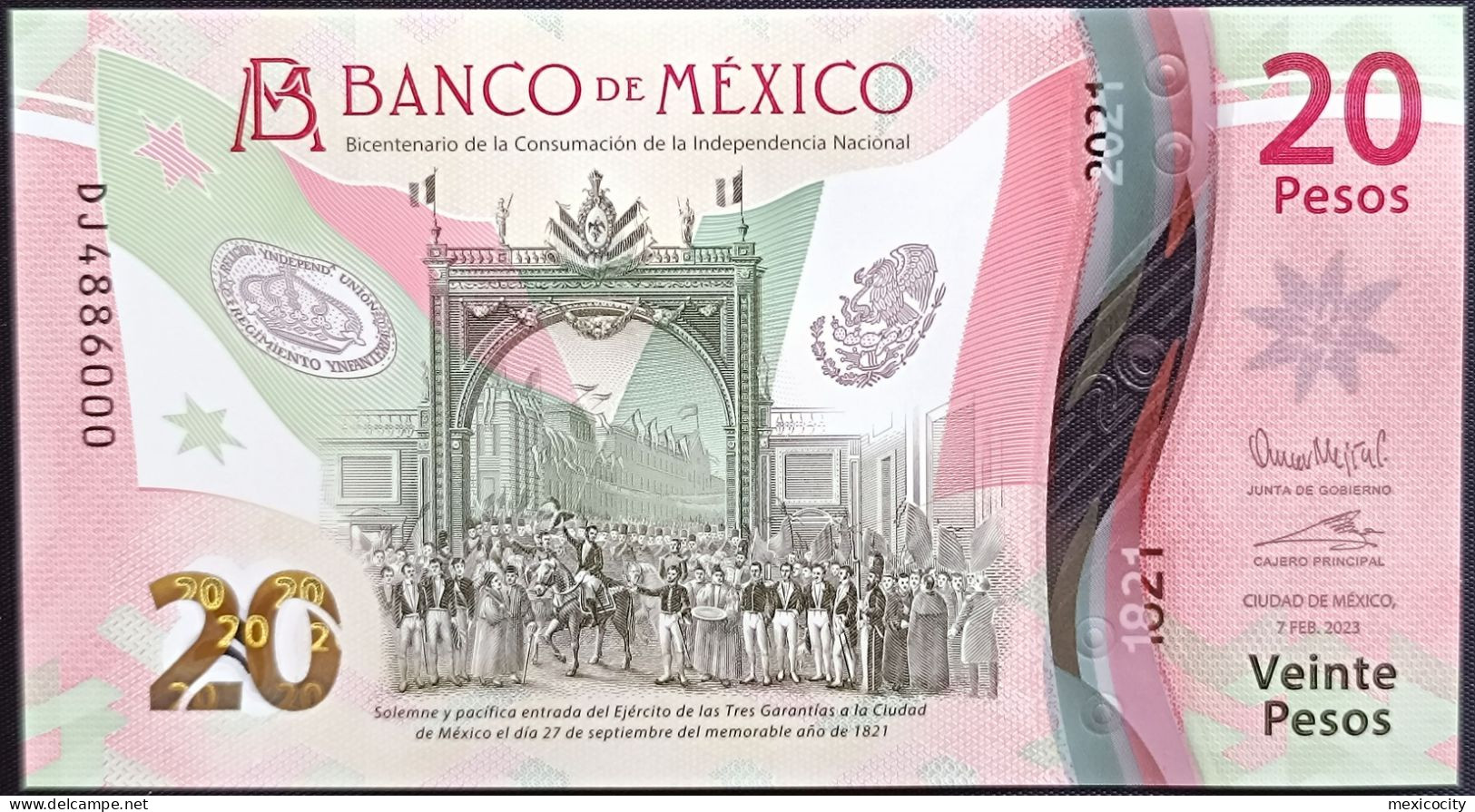 MEXICO $20 SERIES DJ4886000 ANGEL # - 7-FEBR-2023 INDEPENDENCE POLYMER NOTE BU Mint Crisp - Mexiko