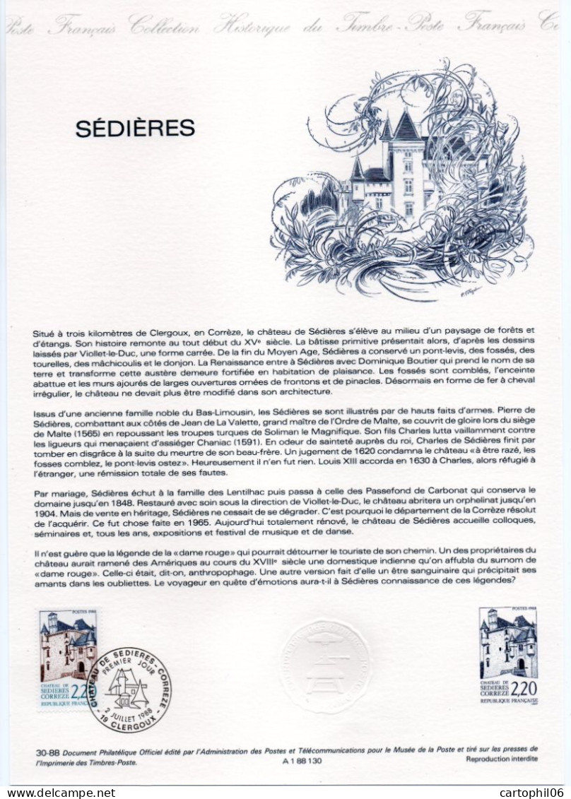 - Document Premier Jour Le Château De SÉDIÈRES - CLERGOUX 2.7.1988 - - Schlösser U. Burgen