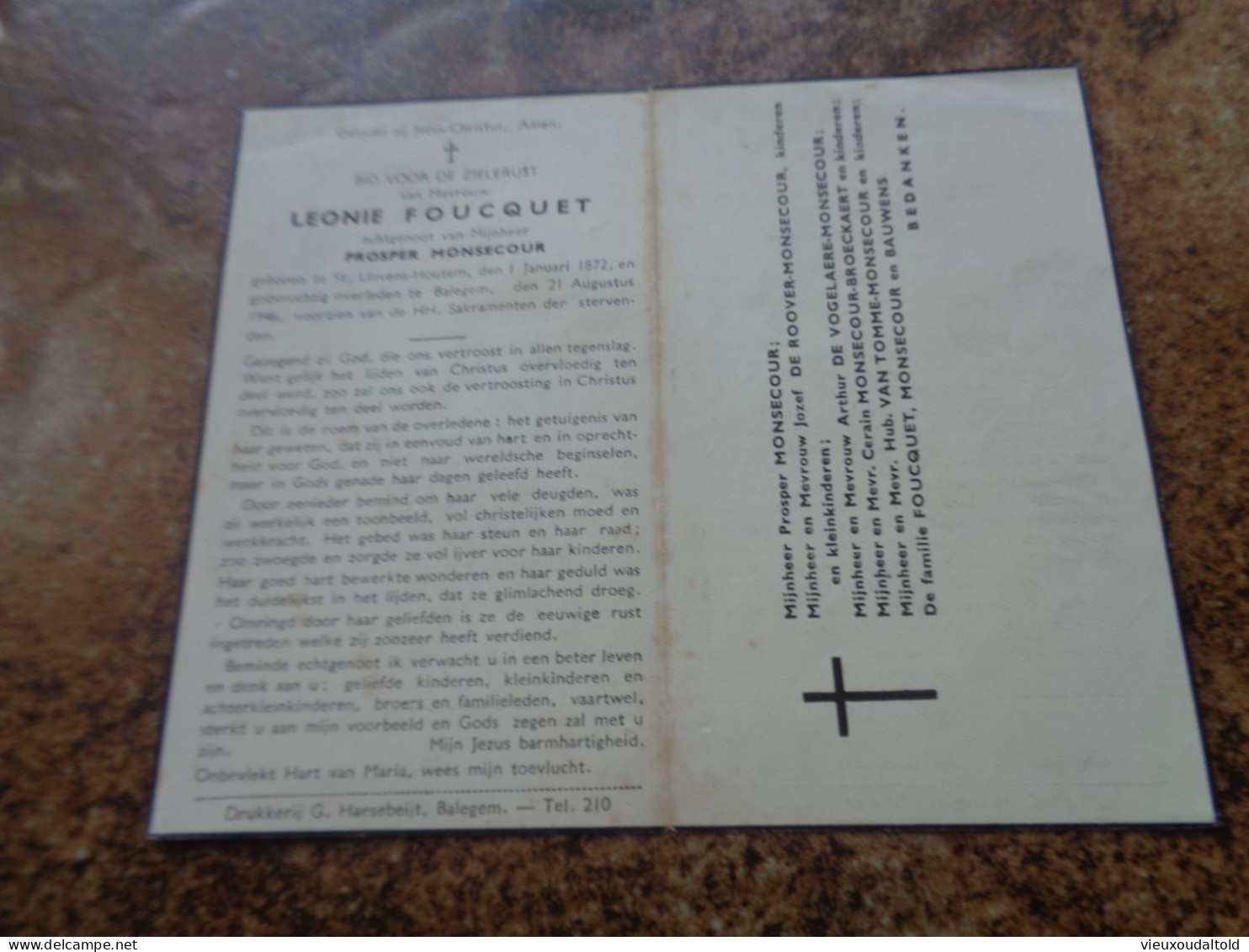 Doodsprentje/Bidprentje   LEONIE FOUCQUET   St Lievens-Houtem 1872-1946 Balegem  (Echtg Prosper MONSECOUR) - Religione & Esoterismo