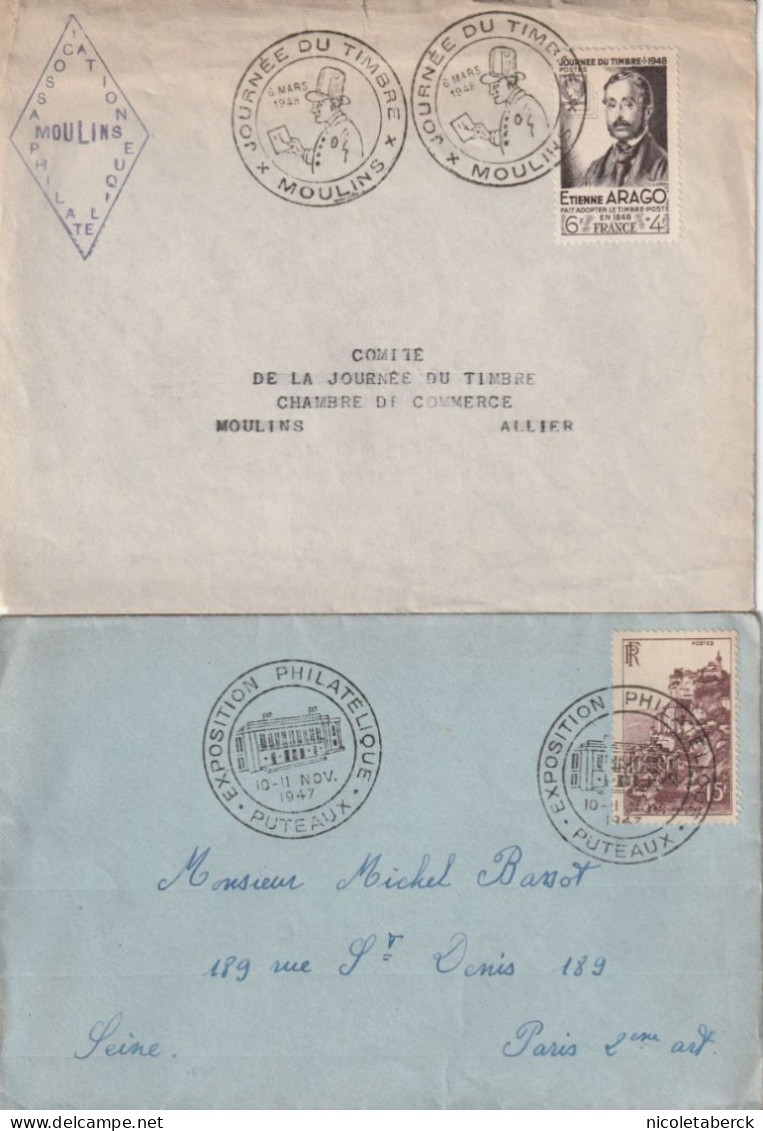 Journée Du Timbre 1948 1er Jour Ayant Voyagée De Moulin + N°763 Obl: Exposition Philatélique Puteaux. - Covers & Documents