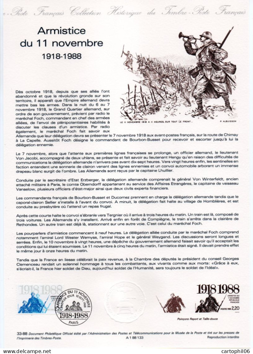 - Document Premier Jour L'ARMISTICE DU 11 NOVEMBRE 1918-1988 - - WW1