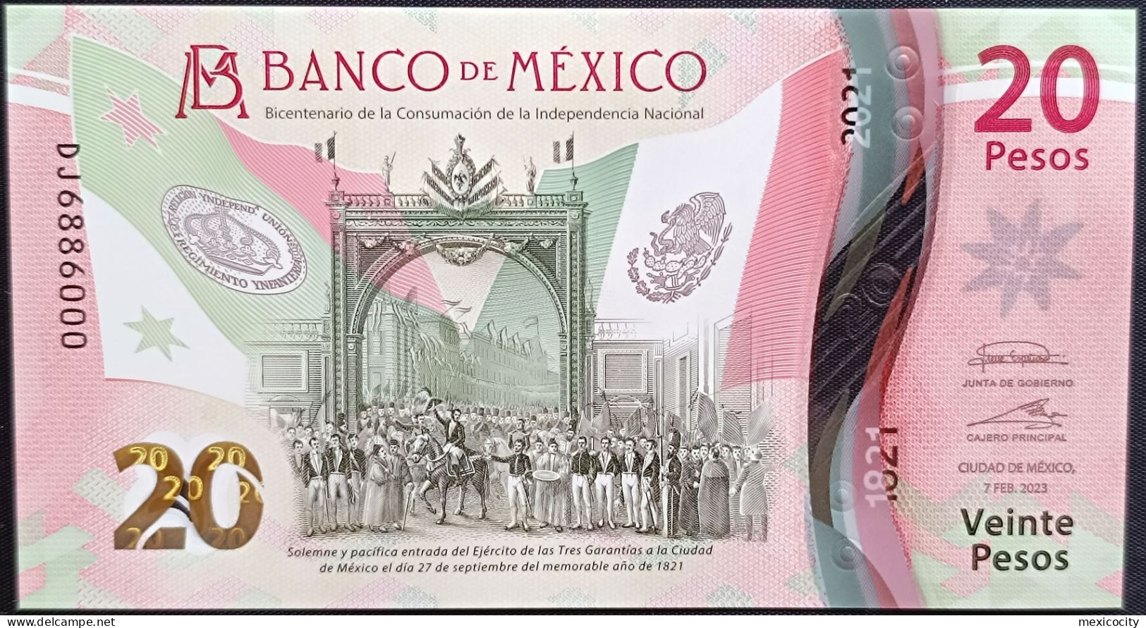 MEXICO $20 SERIES DJ6886000 ANGEL # - 7-FEBR-2023 INDEPENDENCE POLYMER NOTE BU Mint Crisp - Mexico