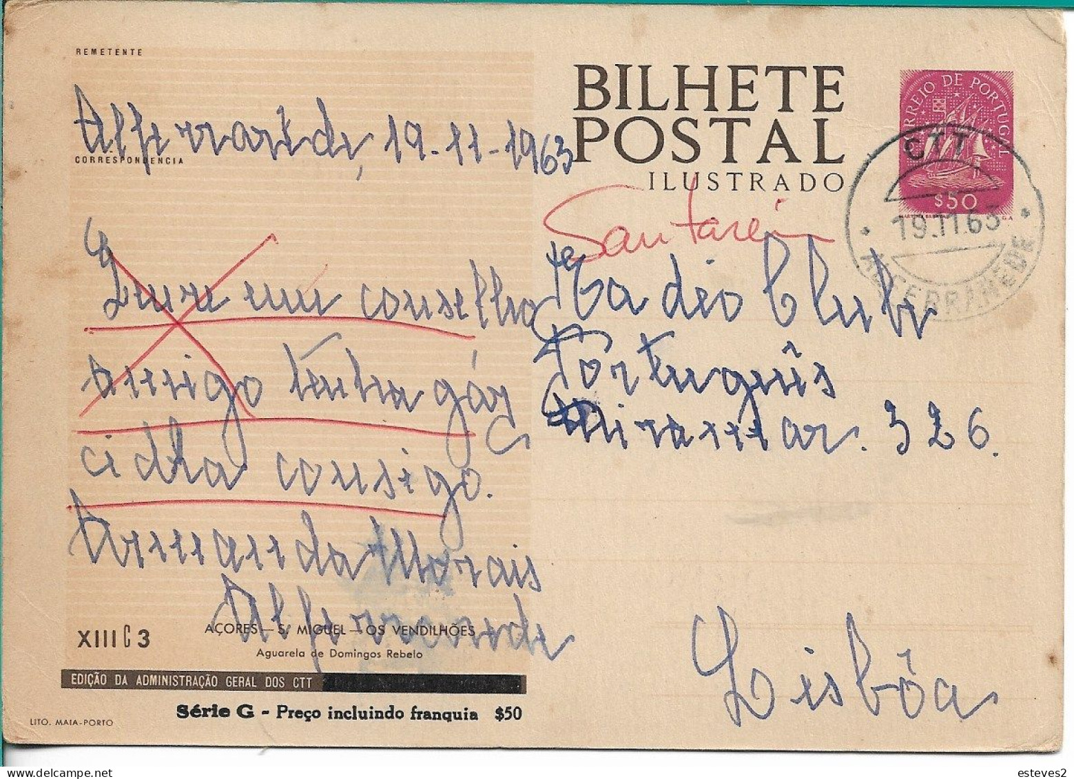 Portugal Postal Stationery , Watercolor By Domingos Rebelo , Azores , The Salesmen , Alferrarede 1963 Postmark - Postal Stationery