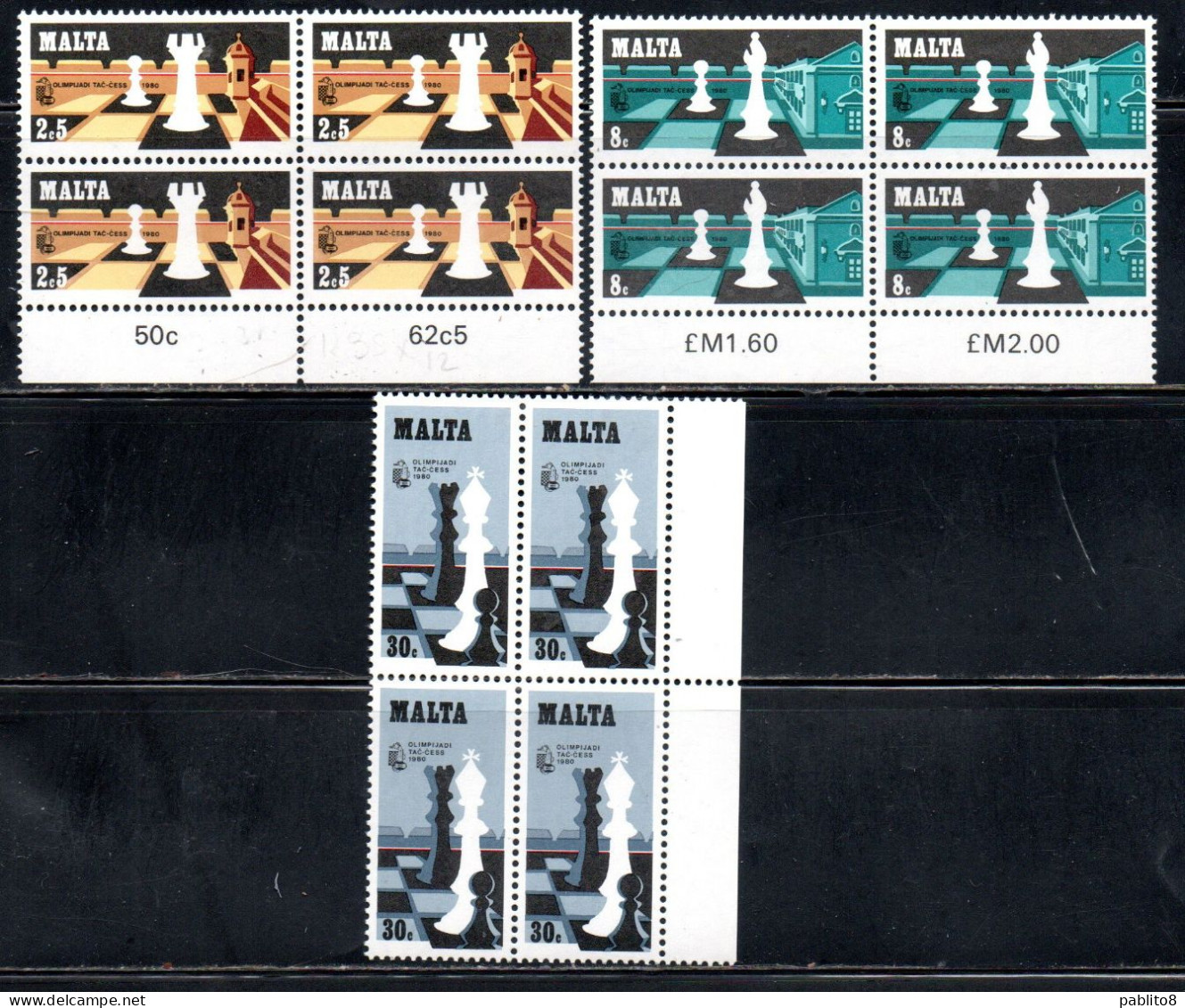 MALTA 1980 CHESS SCACCHI ÉCHECS COMPLETE SET SERIE COMPLETA BLOCK QUARTINA MNH - Malta