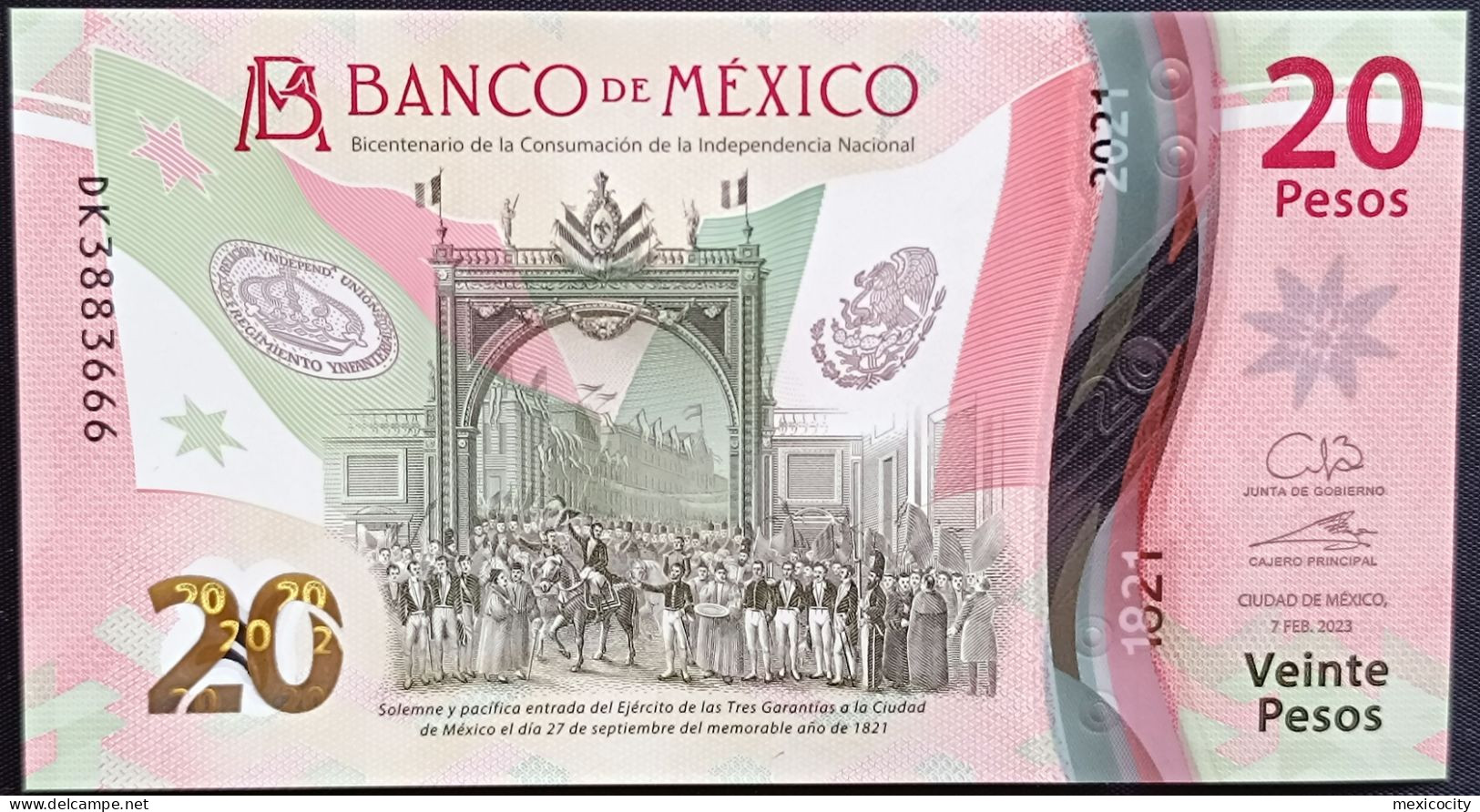 MEXICO $20 SERIES DK3883666 ANGEL # - 7-FEBR-2023 INDEPENDENCE POLYMER NOTE BU Mint Crisp - Mexiko