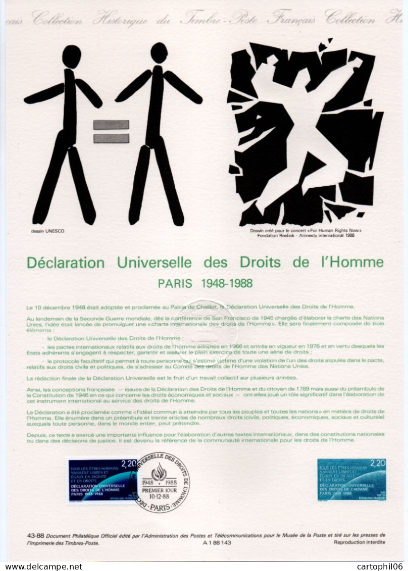 - Document Premier Jour LA DÉCLARATION UNIVERSELLE DES DROITS DE L'HOMME - PARIS 1948-1988 - - Documents De La Poste