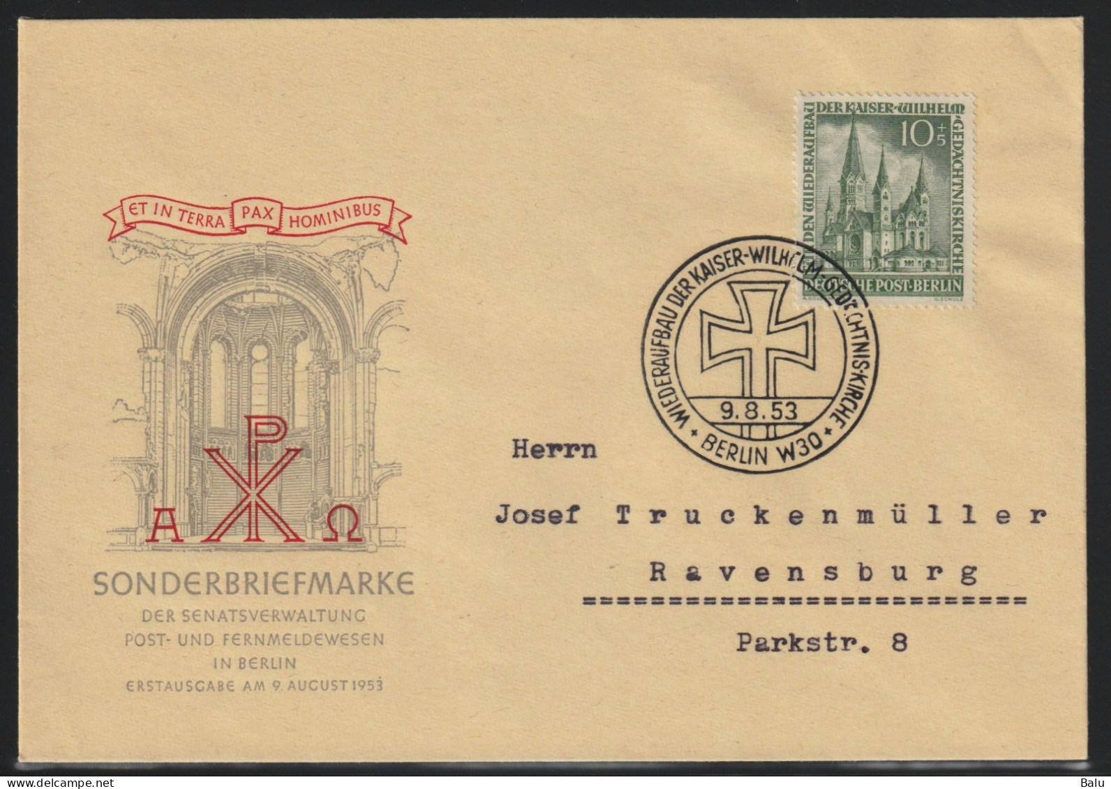 Berlin 1953 10 Pfg. Gedächtniskirche Michel Nr. 107 FDC, Michel 150,-€, Siehe 2 Scans - 1948-1970