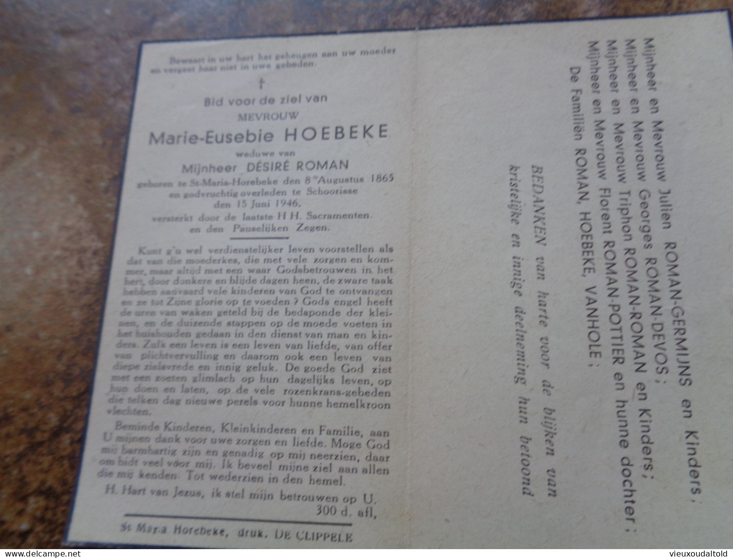 Doodsprentje/Bidprentje  Marie-Eusebie HOEBEKE  St Maria Horebeke 1865-1946 Schoorisse  (Wwe Désiré ROMAN) - Religion & Esotérisme