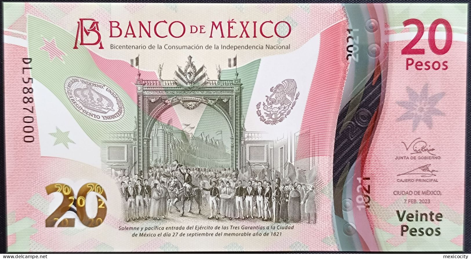 MEXICO $20 SERIES DL5887000 ANGEL # - 7-FEBR-2023 INDEPENDENCE POLYMER NOTE BU Mint Crisp - Messico