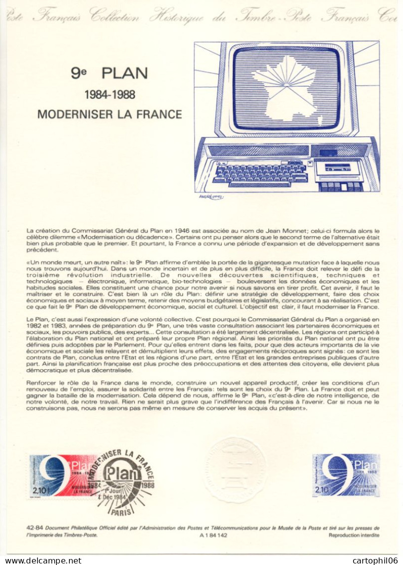 - Document Premier Jour 9e PLAN - MODERNISER LA FRANCE - PARIS 1984-1988 - - Documents De La Poste