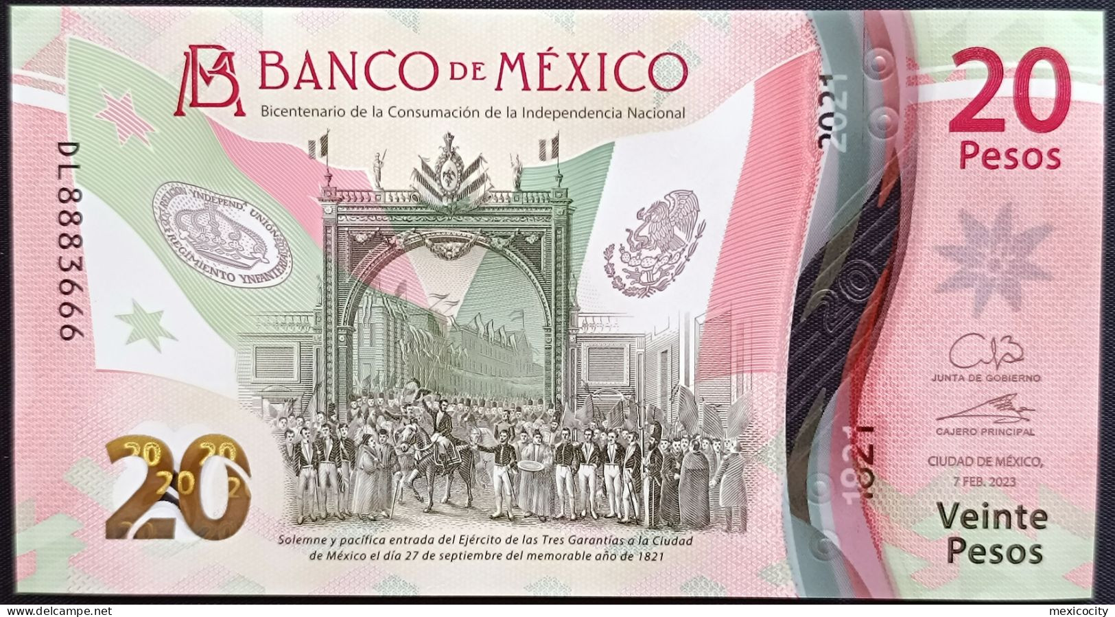 MEXICO $20 SERIES DL8883666 DOUBLE ANGEL # - 7-FEBR-2023 INDEPENDENCE POLYMER NOTE BU Mint Crisp - Messico