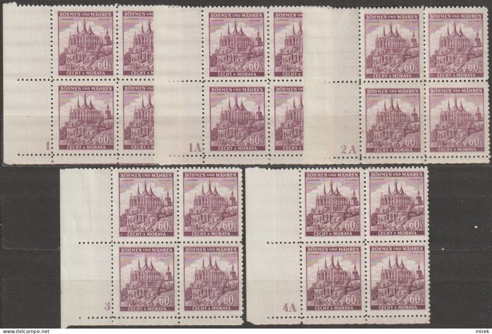 084/ Pof. 30; Corner 4-blocks, Differend Plate Numbers, Narrow Border - Neufs