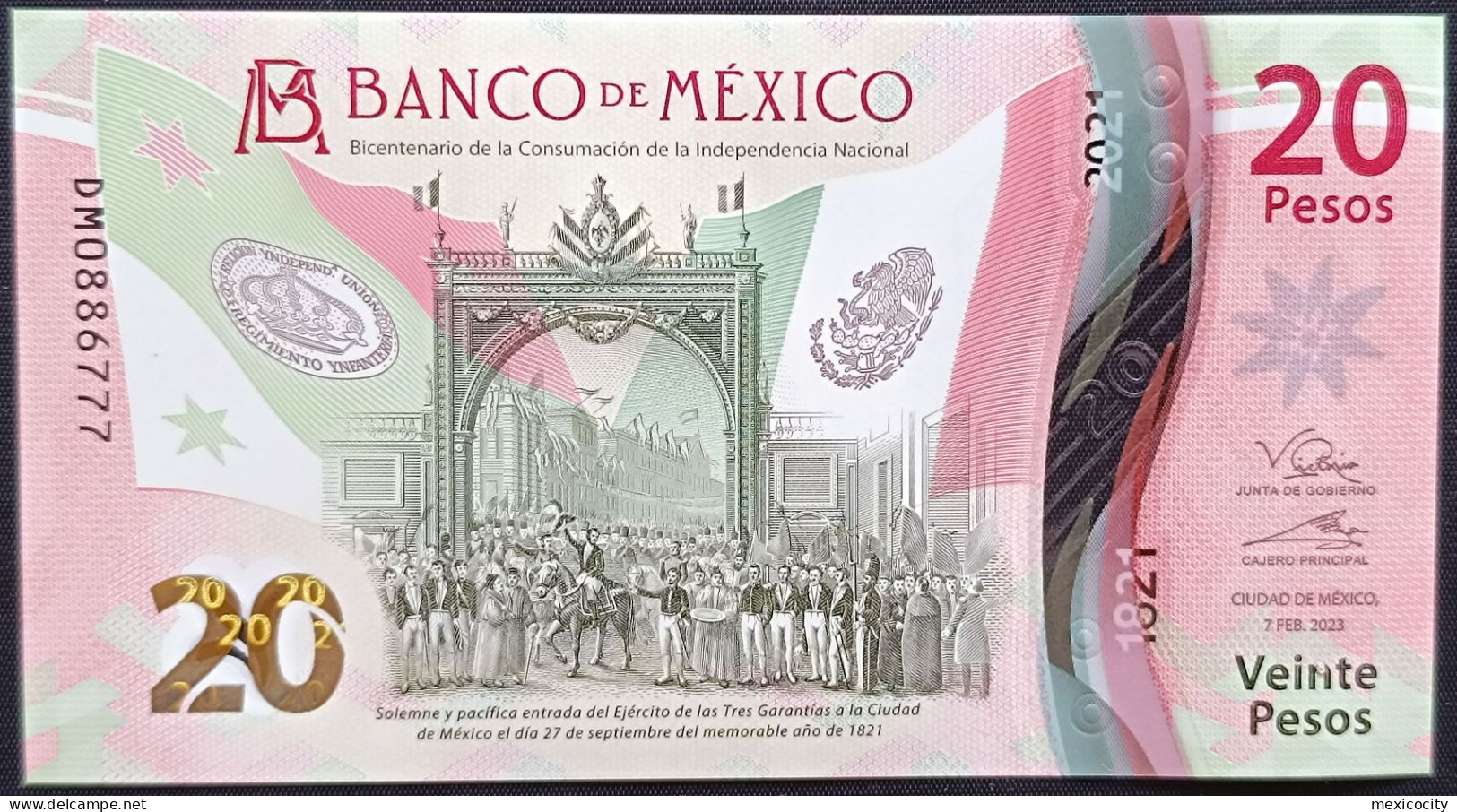 MEXICO $20 SERIES DM0886777 ANGEL # - 7-FEBR-2023 INDEPENDENCE POLYMER NOTE BU Mint Crisp - México