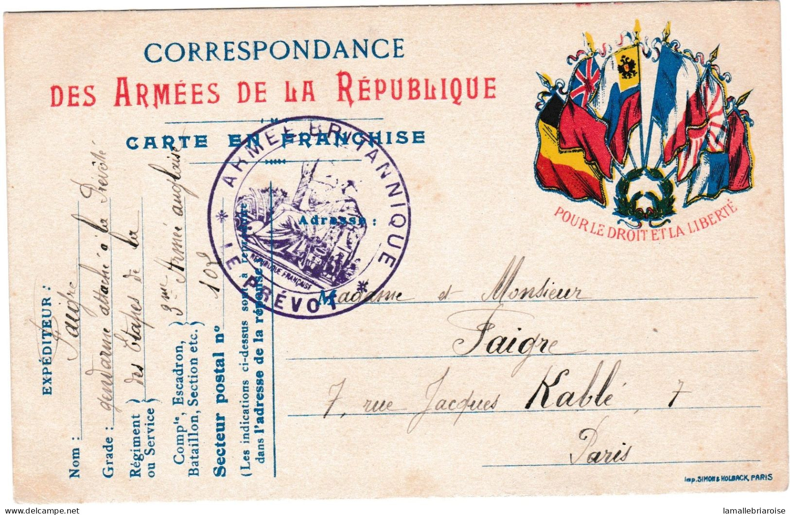 Correspondance Des Armées De La République Avec Cachet: Armée Britannique / Le Prevot - Lettres & Documents