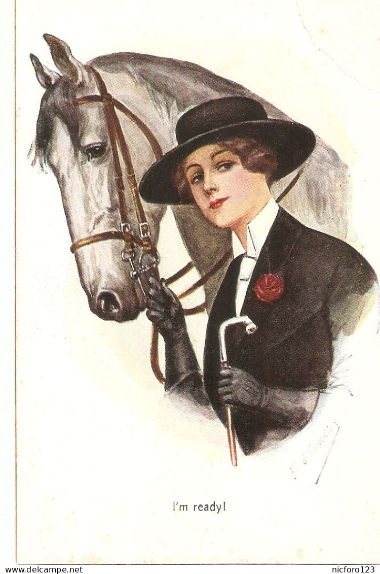 "Lady With Her Horse, I'm Ready" Old Vintage German, Artist Signed, Postcard - Paarden