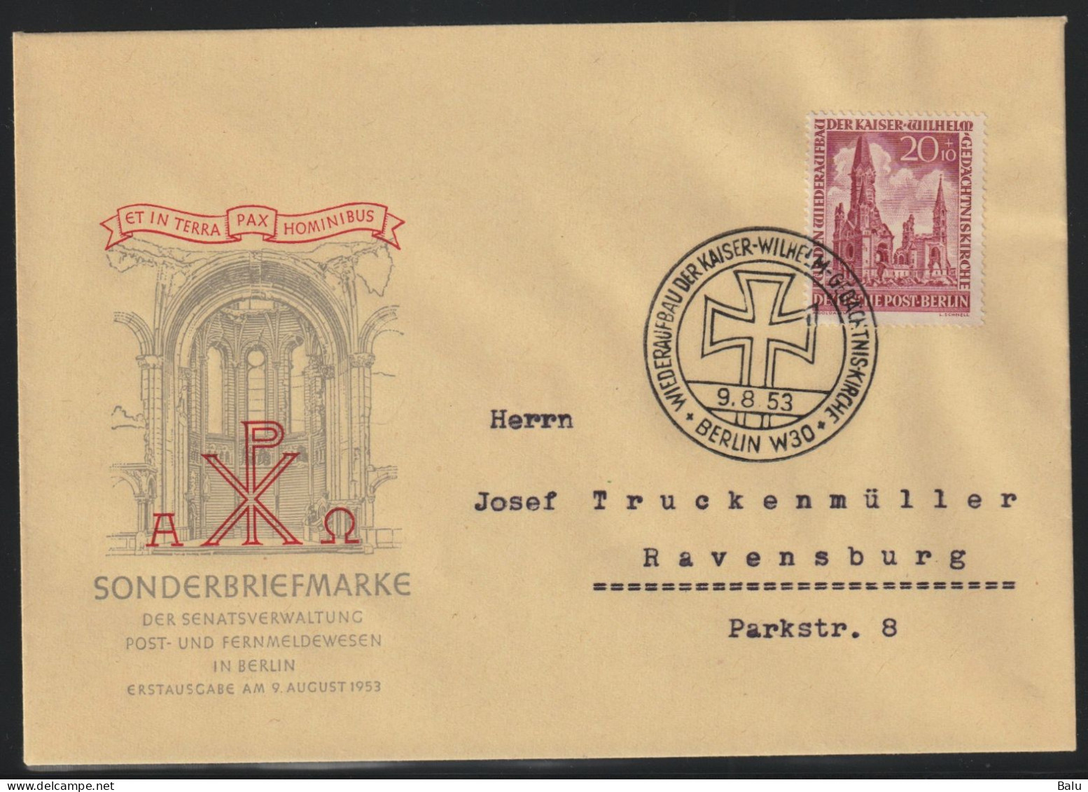 Berlin 1953 20 Pfg. Gedächtniskirche Michel Nr. 108 FDC, Michel 150,-€, Siehe 2 Scans - 1948-1970