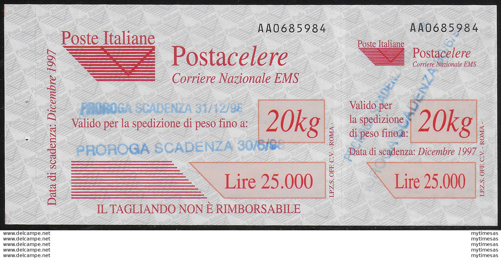 1998 Italia Postacelere L. 20.000 2 Proroghe MNH Sassone N. 9ab - Altri & Non Classificati