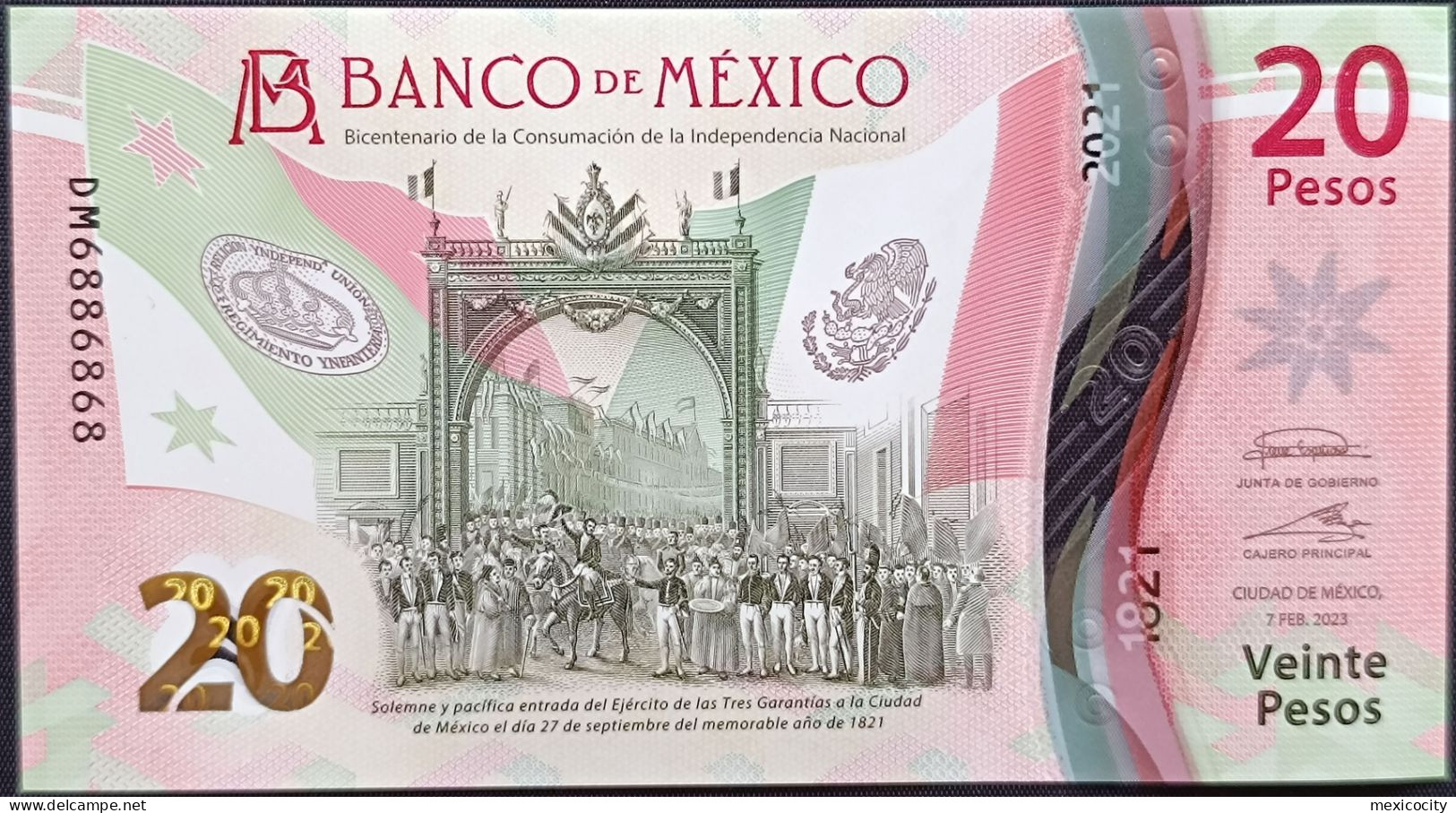 MEXICO $20 SERIES DM6886868 PART RADAR & REPEAT  # - 7-FEBR-2023 INDEPENDENCE POLYMER NOTE BU Mint Crisp - Mexique