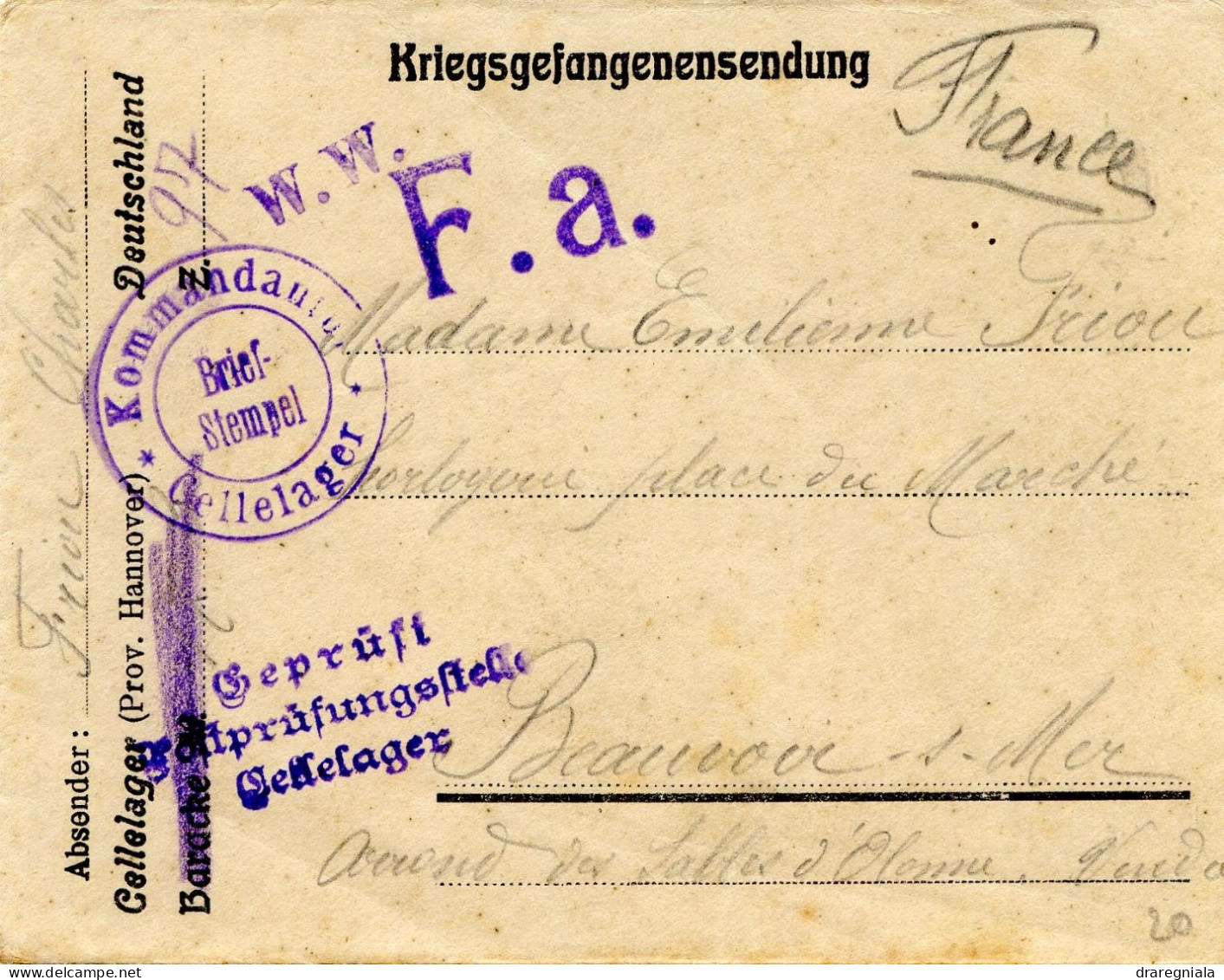 Cachet Kommandantur Cellelager  Prisonnier De Guerre - Beauvoir Sur Mer - Kriegsgefangenensendung - WW I