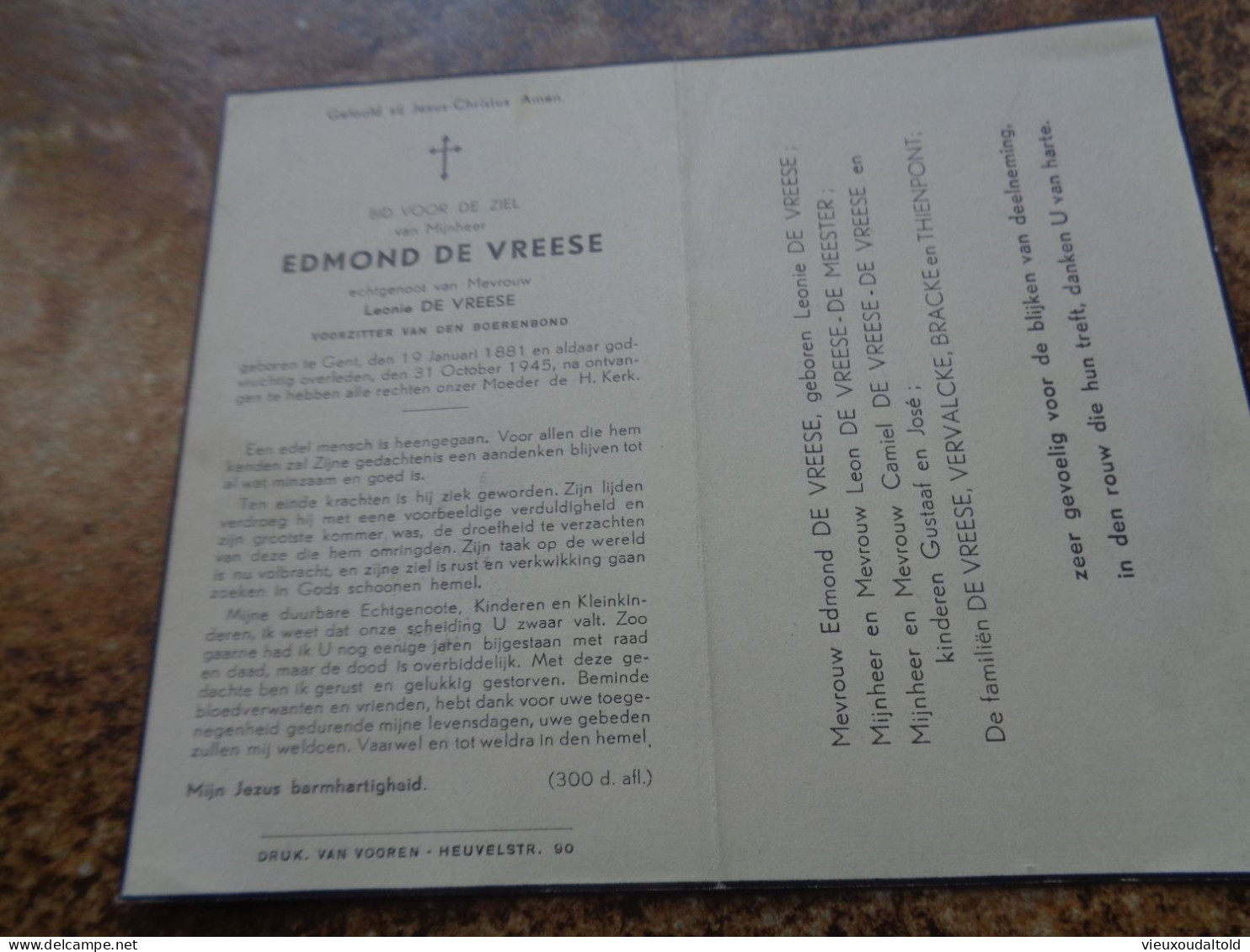 Doodsprentje/Bidprentje  EDMOND DE VREESE   Gent 1881-1945  (Echtg Leonie DE VREESE) - Religion & Esotérisme