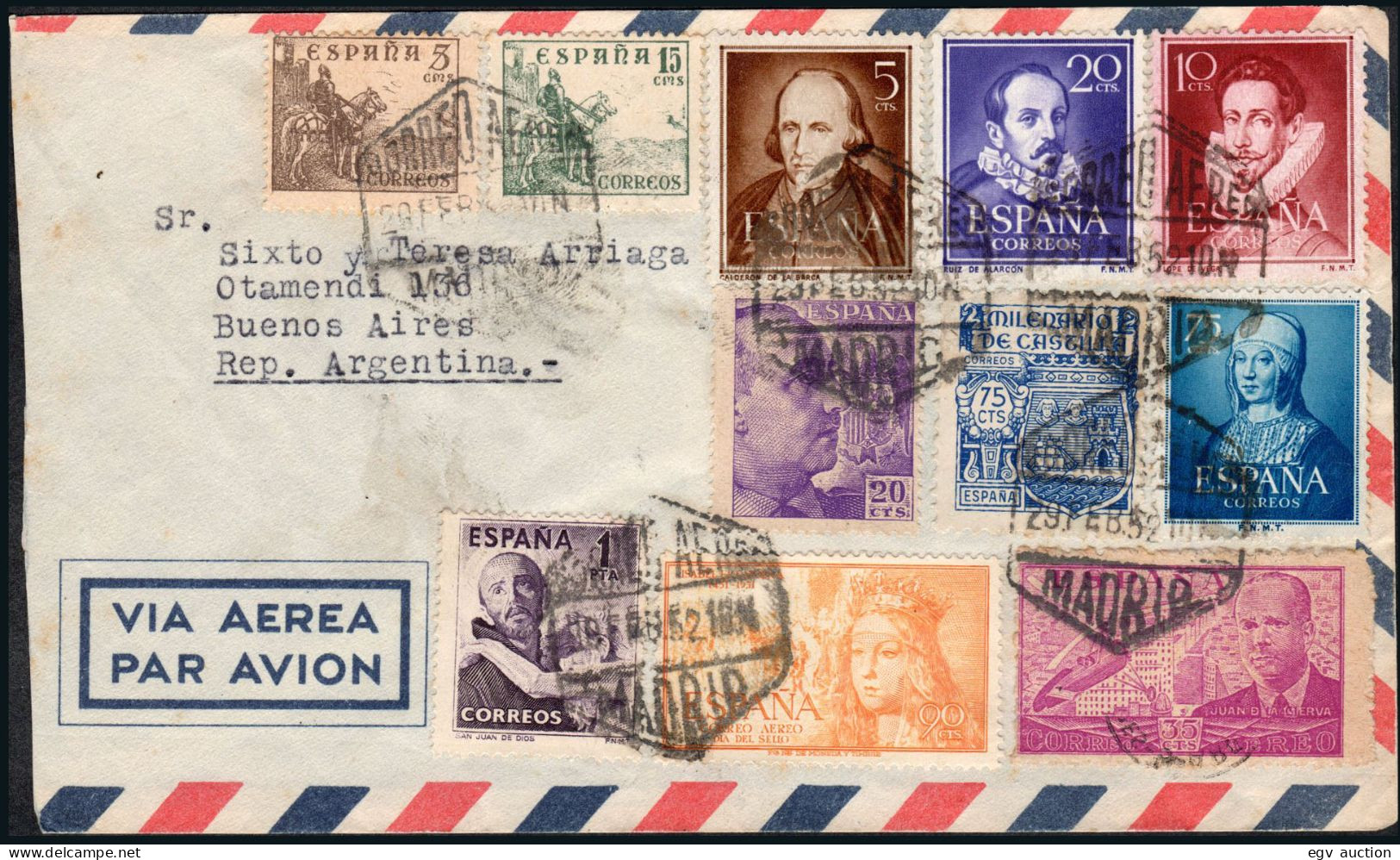 España - Edi O 1070+1098+... - Mat "Correo Aéreo 29/02/52 - Madrid" A Argentina - Lettres & Documents