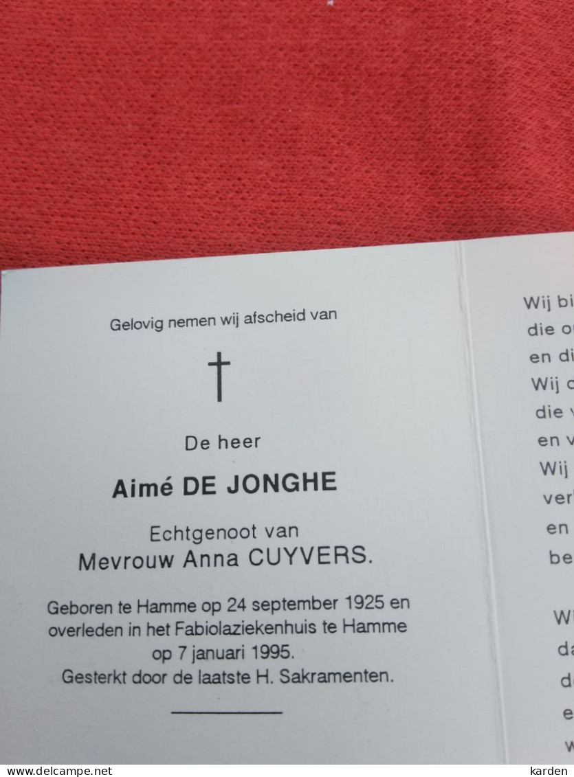 Doodsprentje  Aimé De Jonghe / Hamme 24/9/1925 - 7/1/1995 ( Anna Cuyvers ) - Religion & Esotérisme