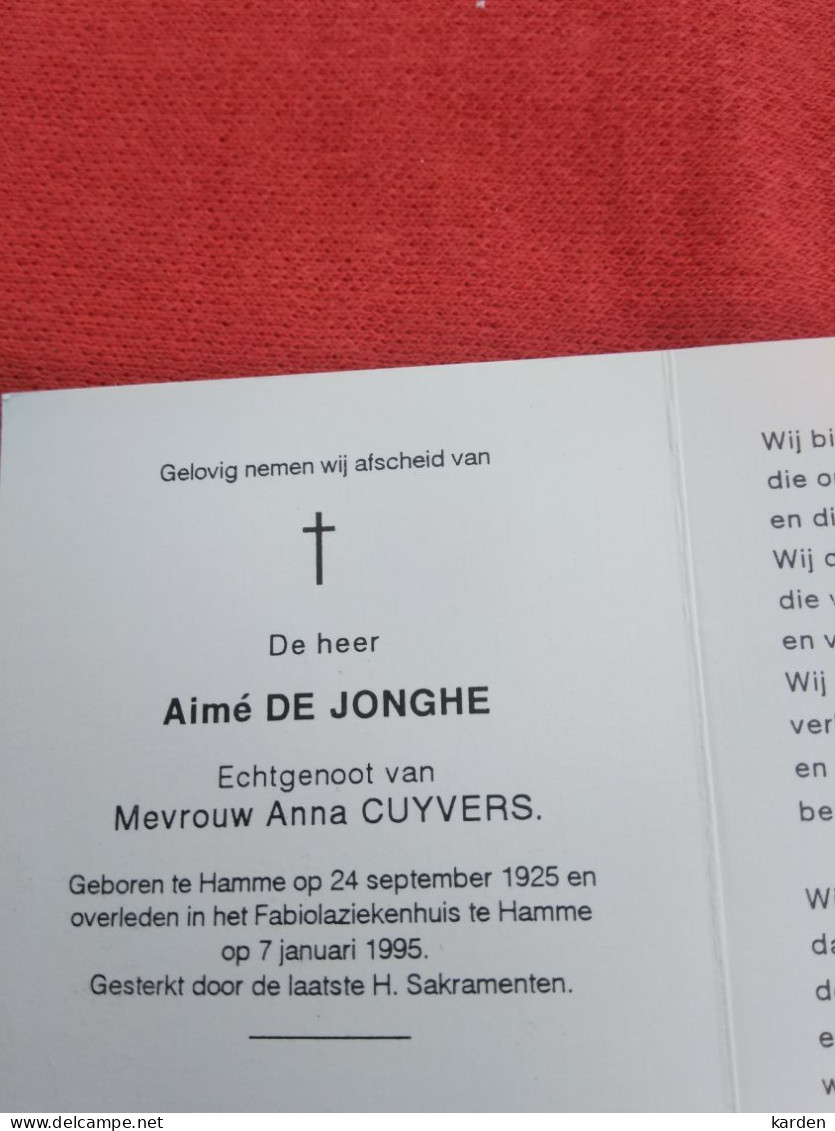 Doodsprentje  Aimé De Jonghe / Hamme 24/9/1925 - 7/1/1995 ( Anna Cuyvers ) - Religion & Esotericism