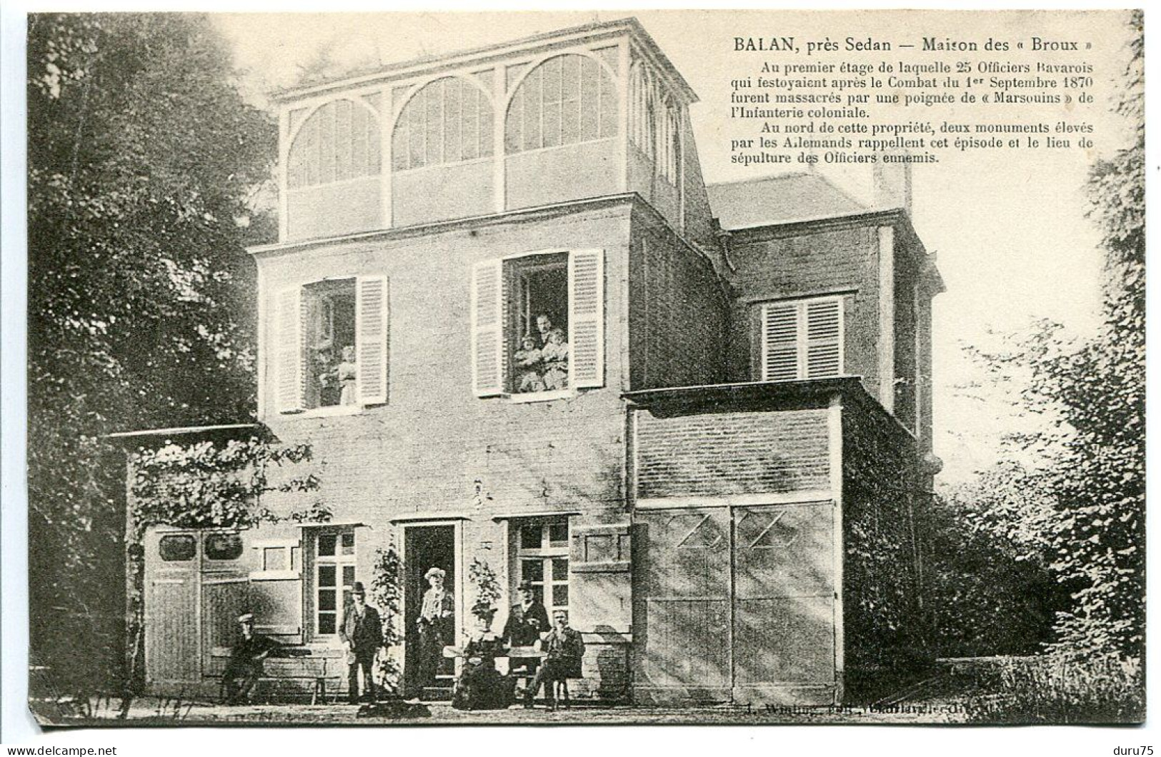 CPA Voyagé 1913 * BALAN Près SEDAN Maison Des Broux Au 1er étage 25 Officiers Bavarois Massacrés En 1870 Par Marsouins - Autres & Non Classés