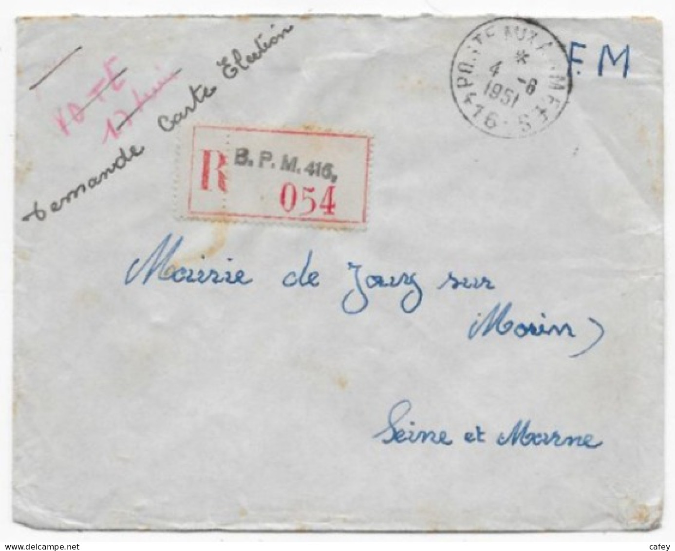 Lettre FM Recommandée B.P.M.416 Càd POSTE AUX ARMEES / 416  1951 - Guerre D'Algérie