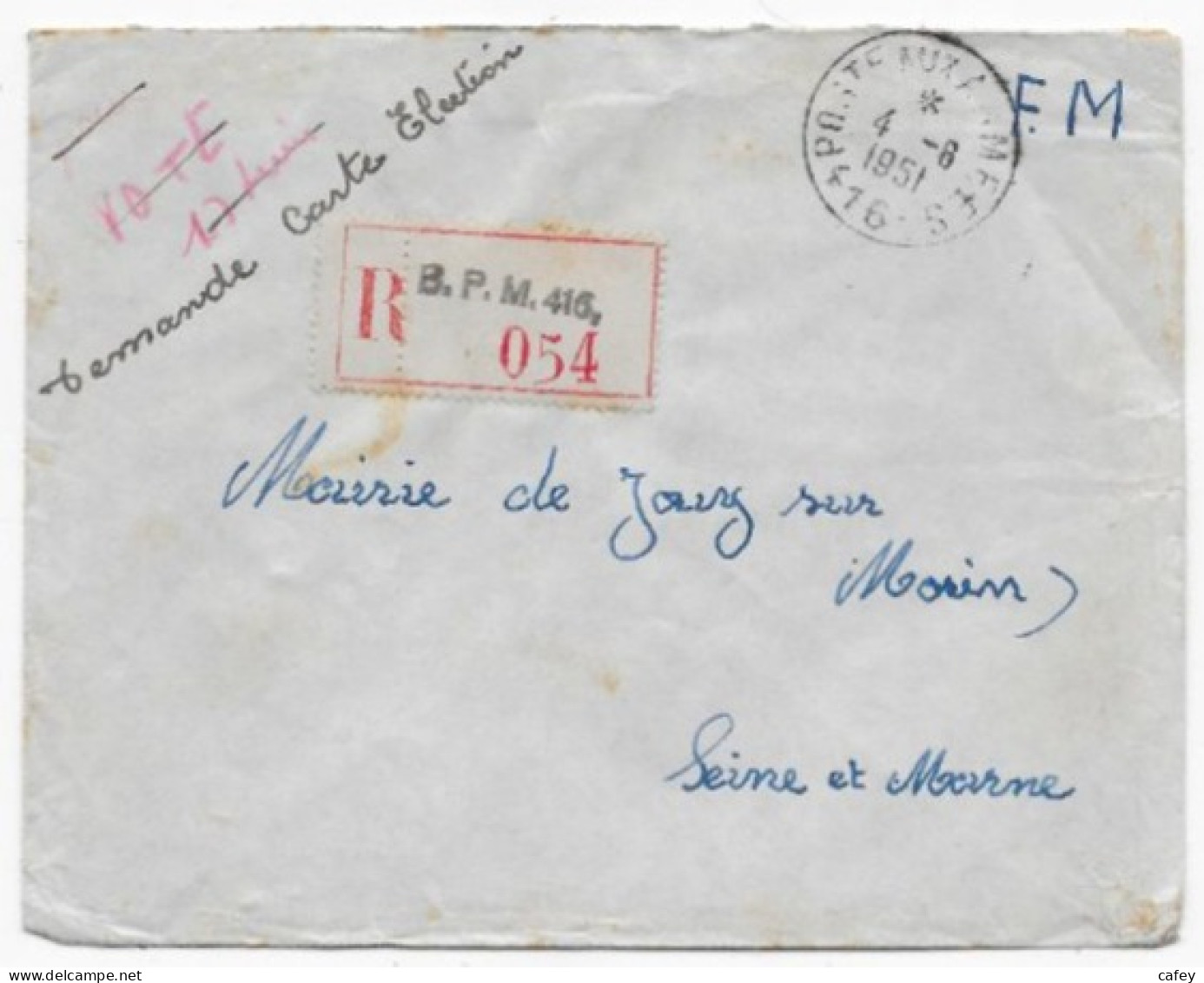 Lettre FM Recommandée B.P.M.416 Càd POSTE AUX ARMEES / 416  1951 - War Of Algeria