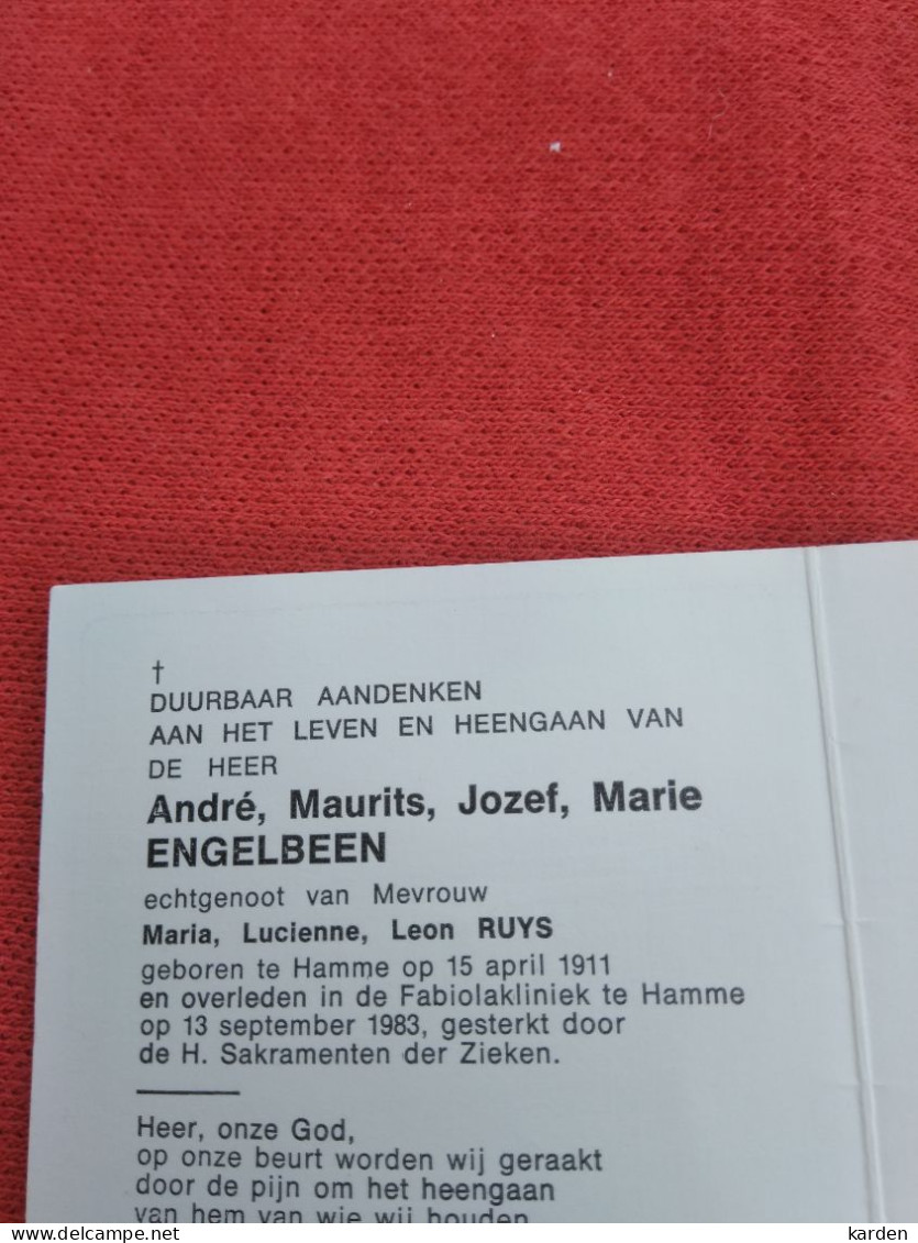 Doodsprentje André Maurits Jozef Marie Engelbeen / Hamme 15/4/1911 - 13/9/1983 ( Maria Lucienne Leon Ruys ) - Godsdienst & Esoterisme