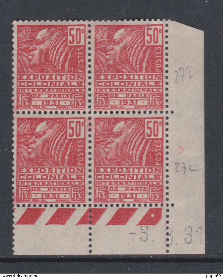 France N° 272 XX Expo. Colo. : 50 C En Bloc De 4 Coin Daté Du 3 . 8 . 31 .; 1  Point Blanc , Sans Cha.  TB - ....-1929
