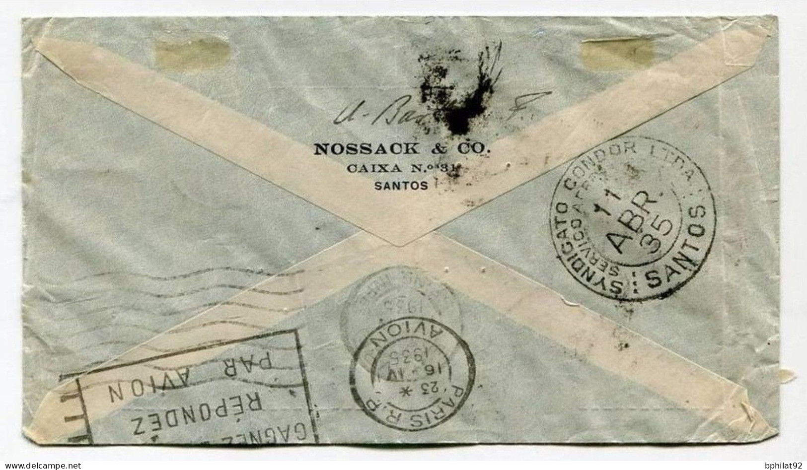 !!! LETTRE DU BRESIL POUR LA FRANCE PAR ZEPPELIN, CACHET CONDOR ZEPPELIN 1935 - Briefe U. Dokumente