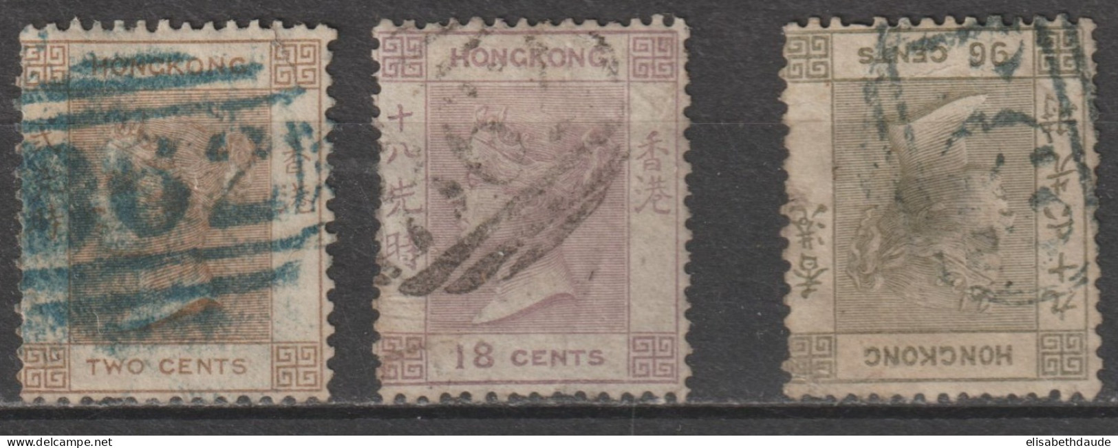 1862 - HONG KONG (CHINA) - YVERT N° 1+4+7 OBLITERES DEFECTUEUX - SANS FILIGRANE - COTE =  755 EUR - Usados