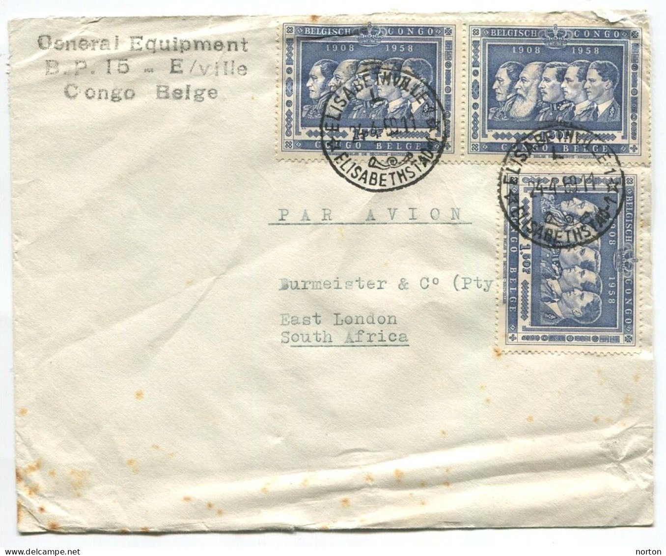 Congo Elisabethville 1 Oblit. Keach 12B(L)1 Sur C.O.B. 345 (x3) Sur Lettre Vers East London (South Africa) Le 24/04/1959 - Brieven En Documenten