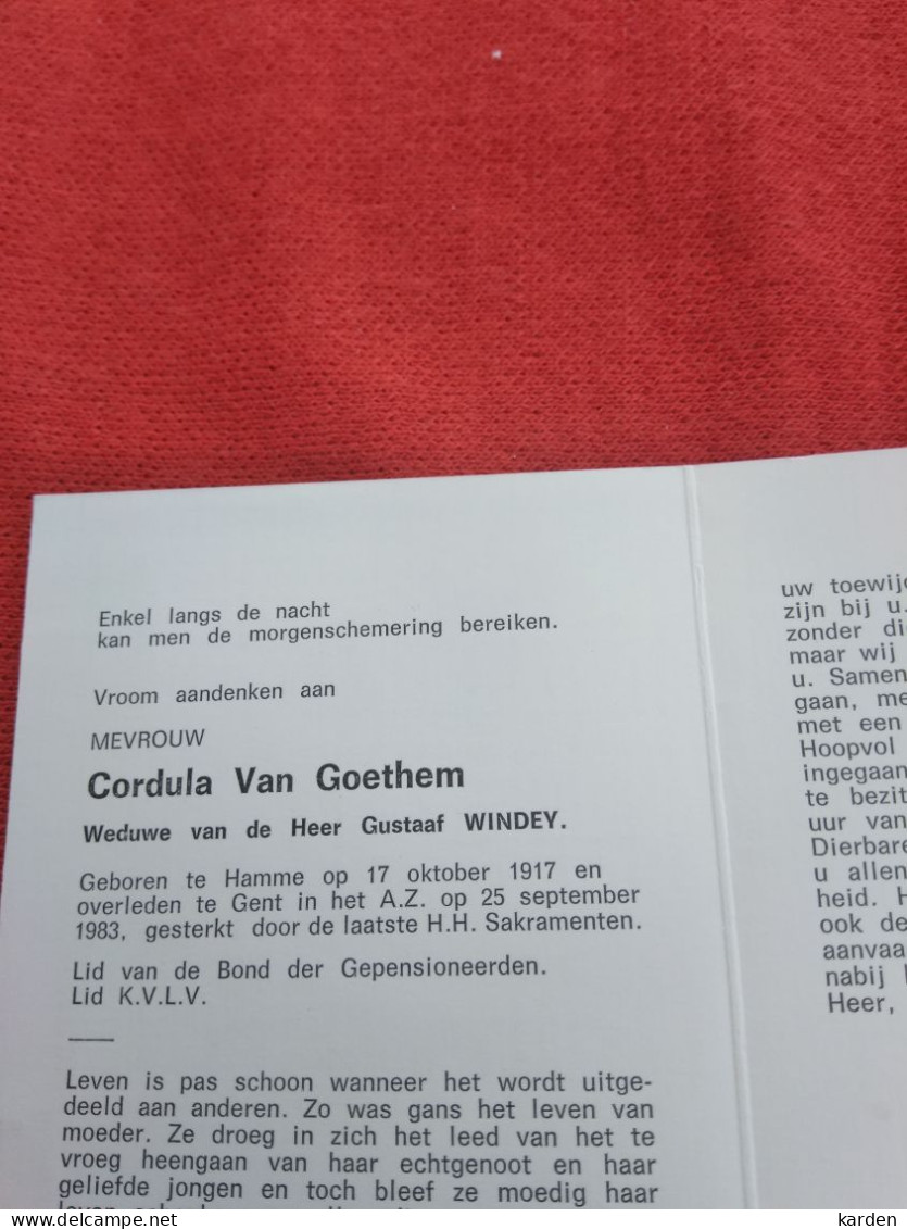Doodsprentje Cordula Van Goethem / Hamme 17/10/1917 Gent 25/9/1983 ( Gustaaf Windey ) - Religion & Esotérisme