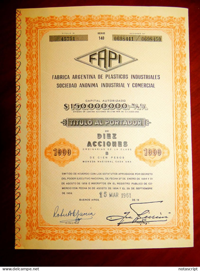 Fabrica Argentina De Plásticos Industriales SA  (FAPI) 1961-62. Buenos Aires,share Certificate - Altri & Non Classificati