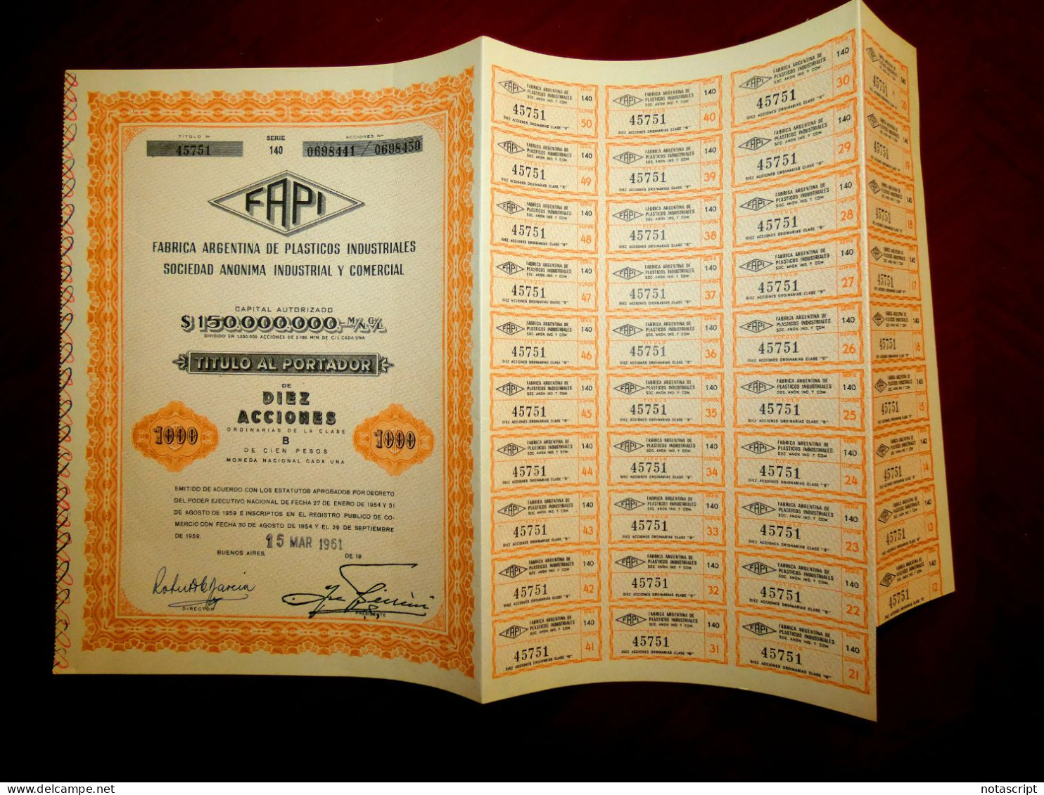 Fabrica Argentina De Plásticos Industriales SA  (FAPI) 1961-62. Buenos Aires,share Certificate - Altri & Non Classificati