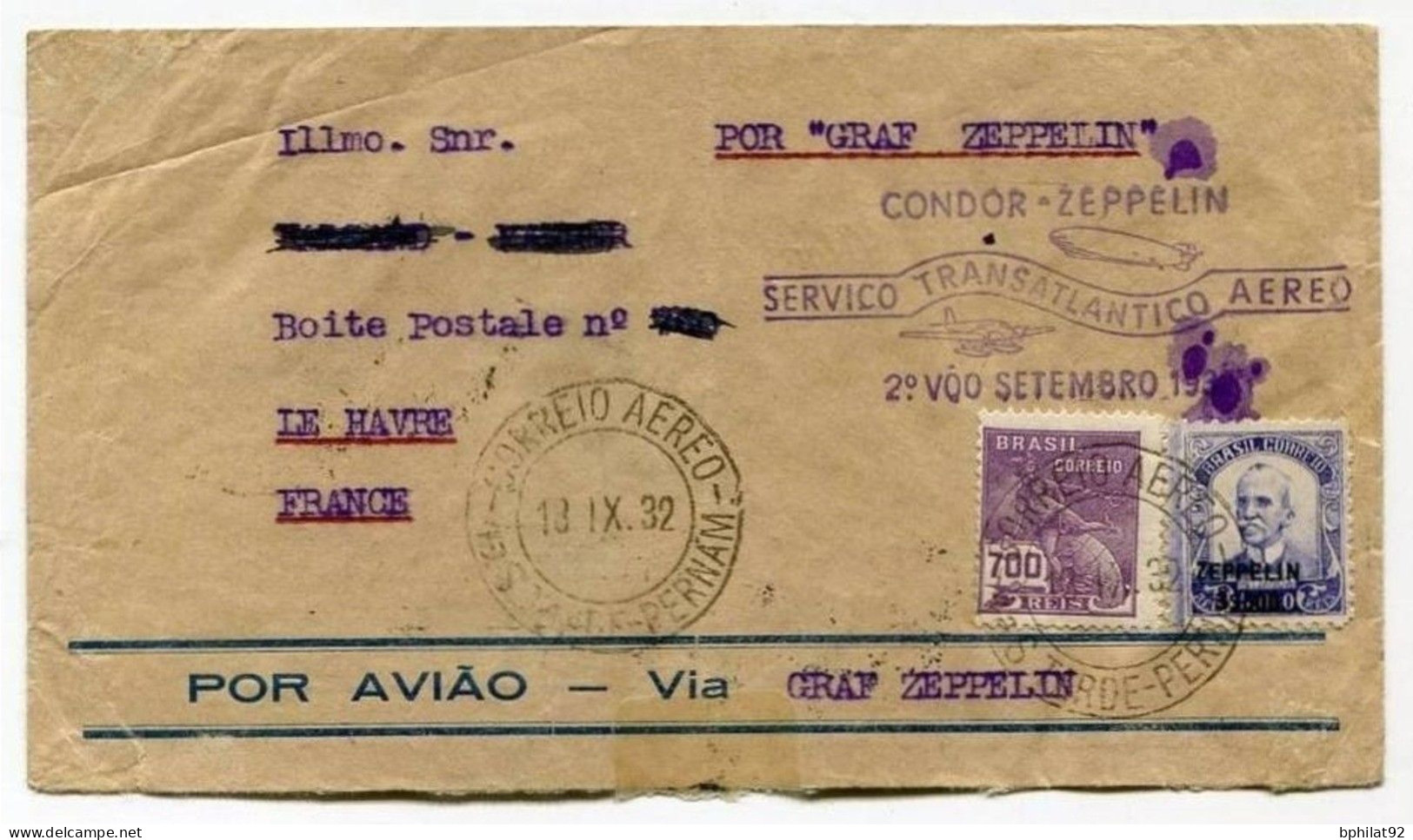 !!! LETTRE DU BRESIL POUR LA FRANCE PAR ZEPPELIN, CACHET CONDOR ZEPPELIN SERVICE TRANSATLANTIQUE 1932 - Briefe U. Dokumente