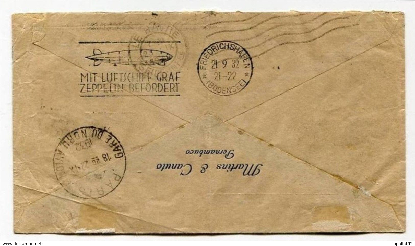 !!! LETTRE DU BRESIL POUR LA FRANCE PAR ZEPPELIN, CACHET CONDOR ZEPPELIN SERVICE TRANSATLANTIQUE 1932 - Cartas & Documentos