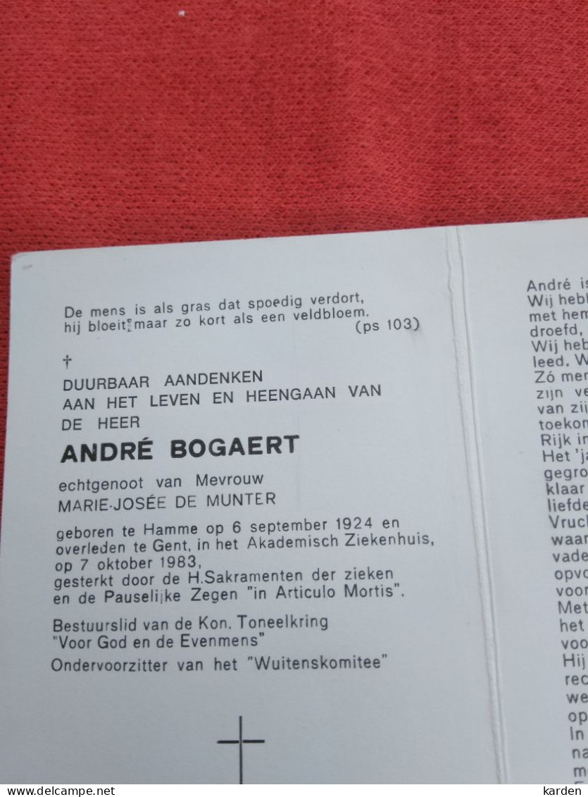Doodsprentje André Bogaert / Hamme 6/9/1924 Gent 7/10/1983 ( Marie Josée De Munter ) - Religion & Esotérisme