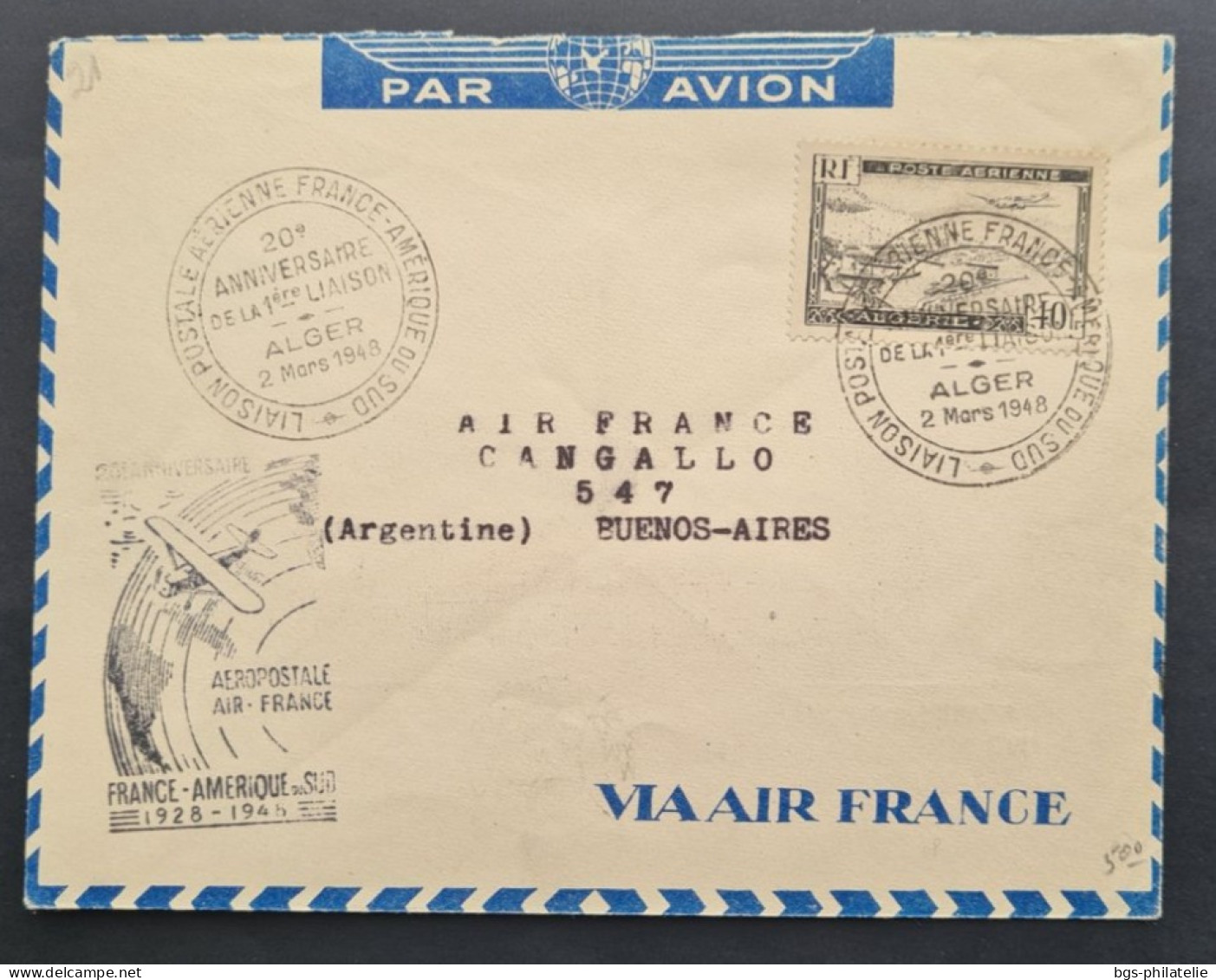 ALGÉRIE,  Timbre N ° PA 6 Sur Lettre Avec Griffe 20ème Anniversaire Aéropostale FRANCE- AMÉRIQUE  2Mars 1948. - Covers & Documents